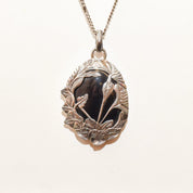 Sterling Silver Black Onyx Pendant Necklace, Beautiful Leaf Motifs, Valentines Day Gift, 30.75" L