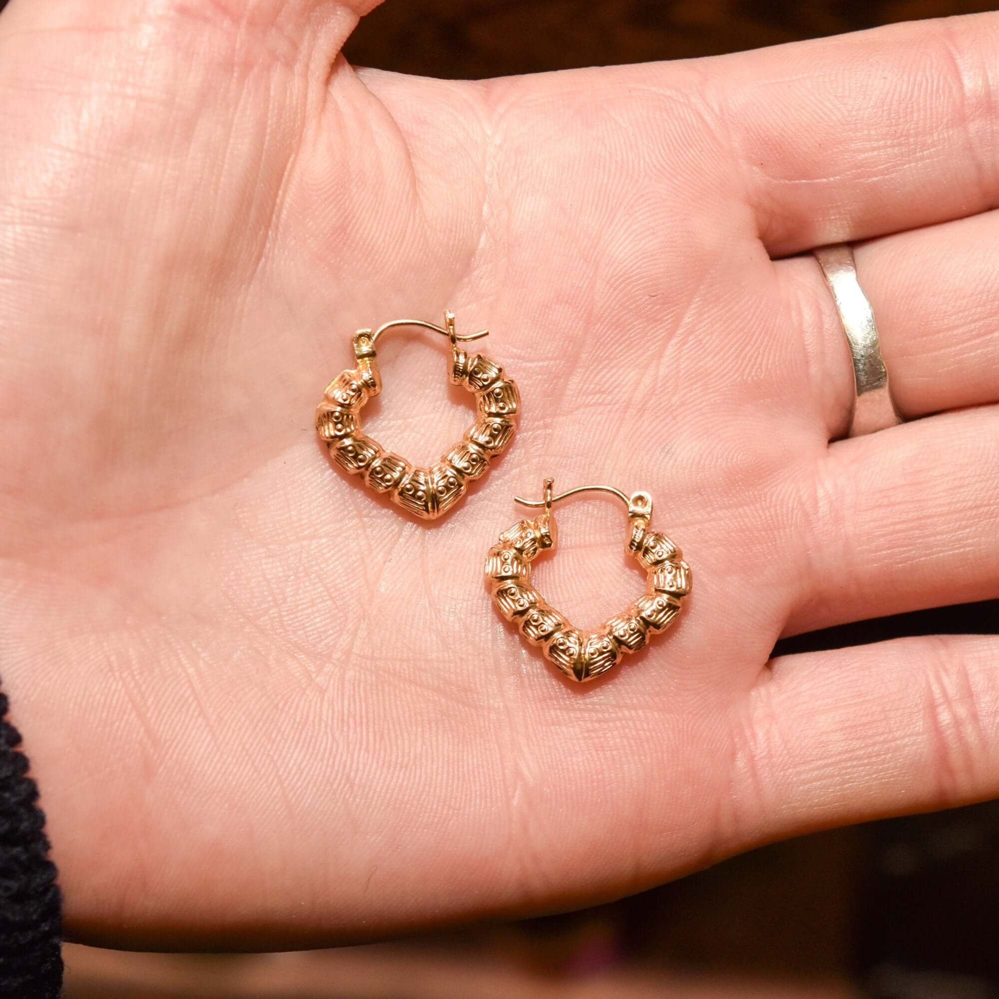 14K Textured Heart-Shaped Gold Hoops