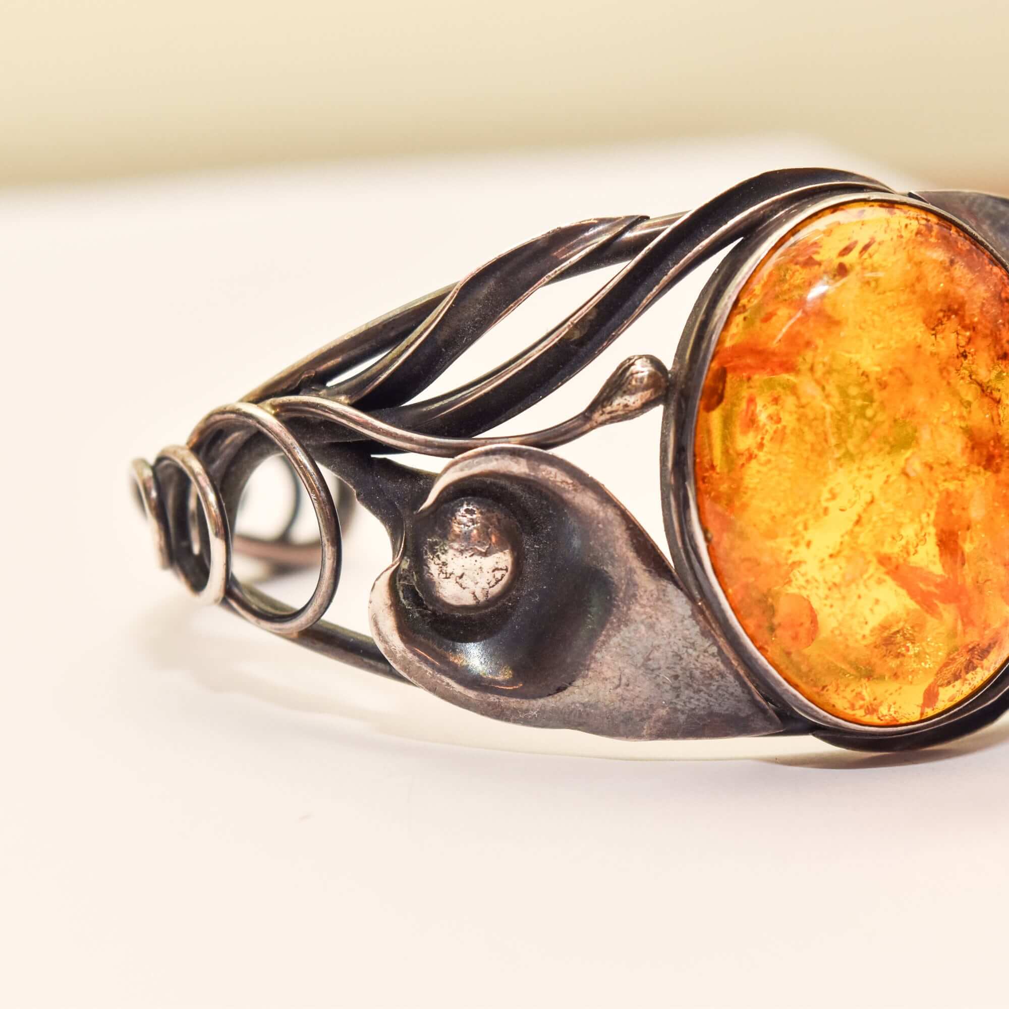 Beautiful Sterling Silver Amber Cuff, Art Nouveau Style, Valentines Day Gift, 5.875"