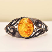 Beautiful Sterling Silver Amber Cuff, Art Nouveau Style, Valentines Day Gift, 5.875"