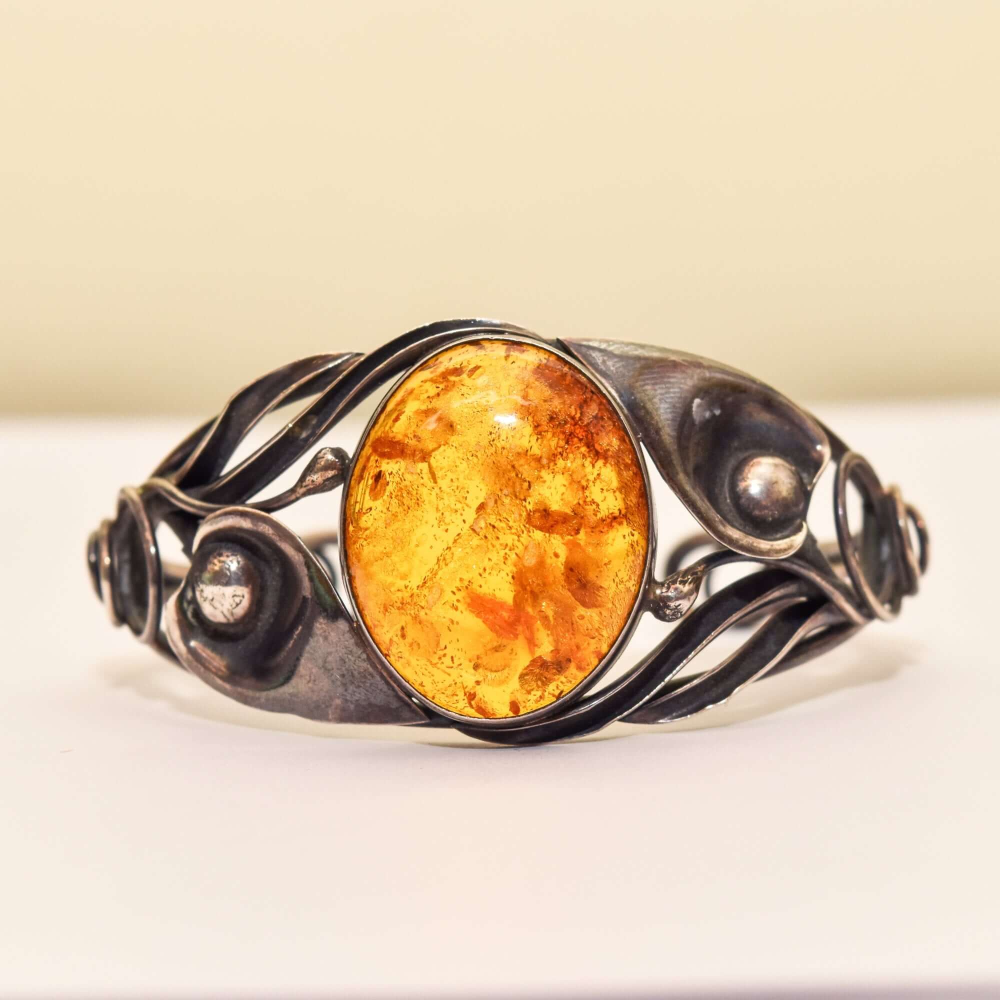 Beautiful Sterling Silver Amber Cuff, Art Nouveau Style, Valentines Day Gift, 5.875"