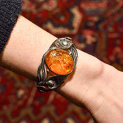 Beautiful Sterling Silver Amber Cuff, Art Nouveau Style, Valentines Day Gift, 5.875"