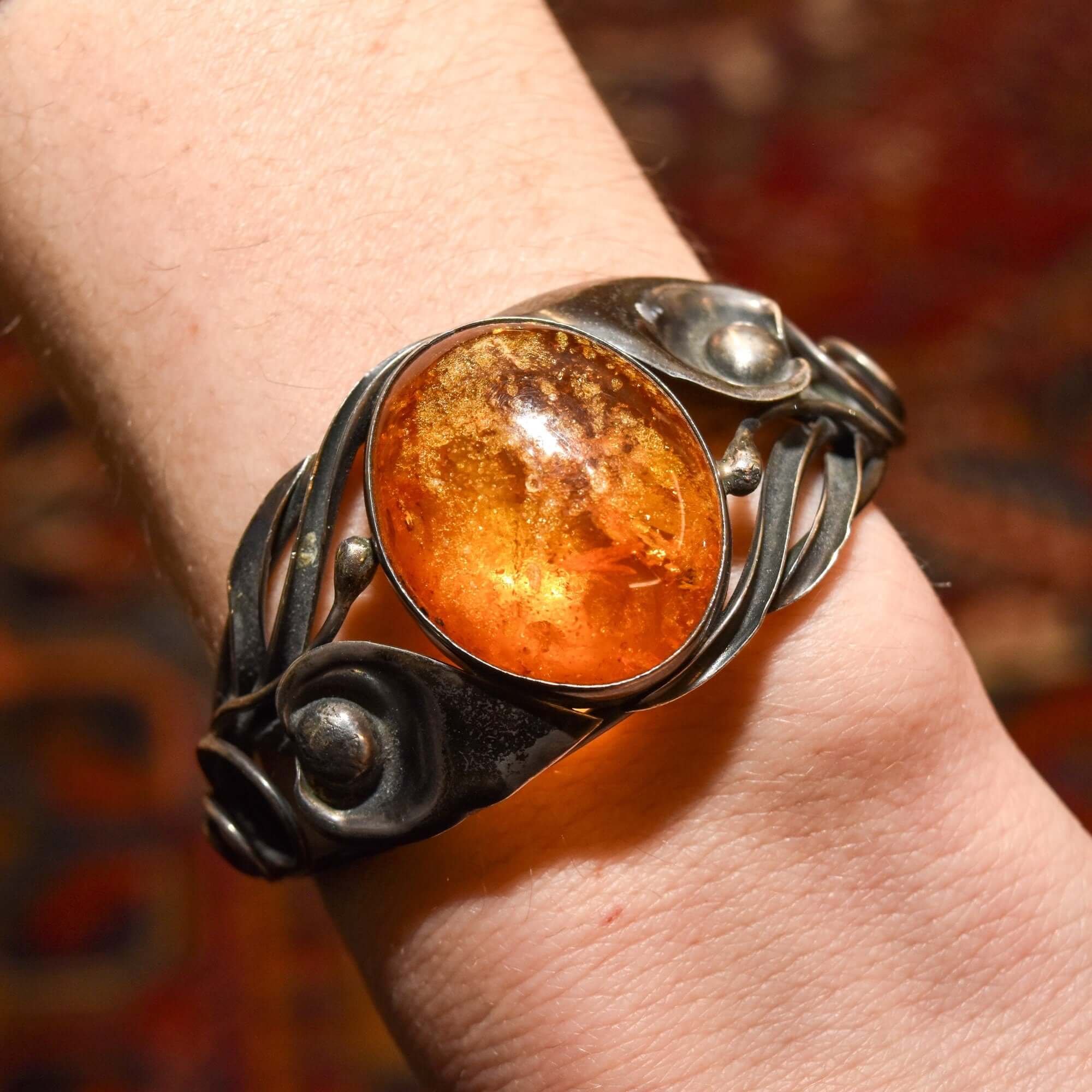 Beautiful Sterling Silver Amber Cuff, Art Nouveau Style, Valentines Day Gift, 5.875"