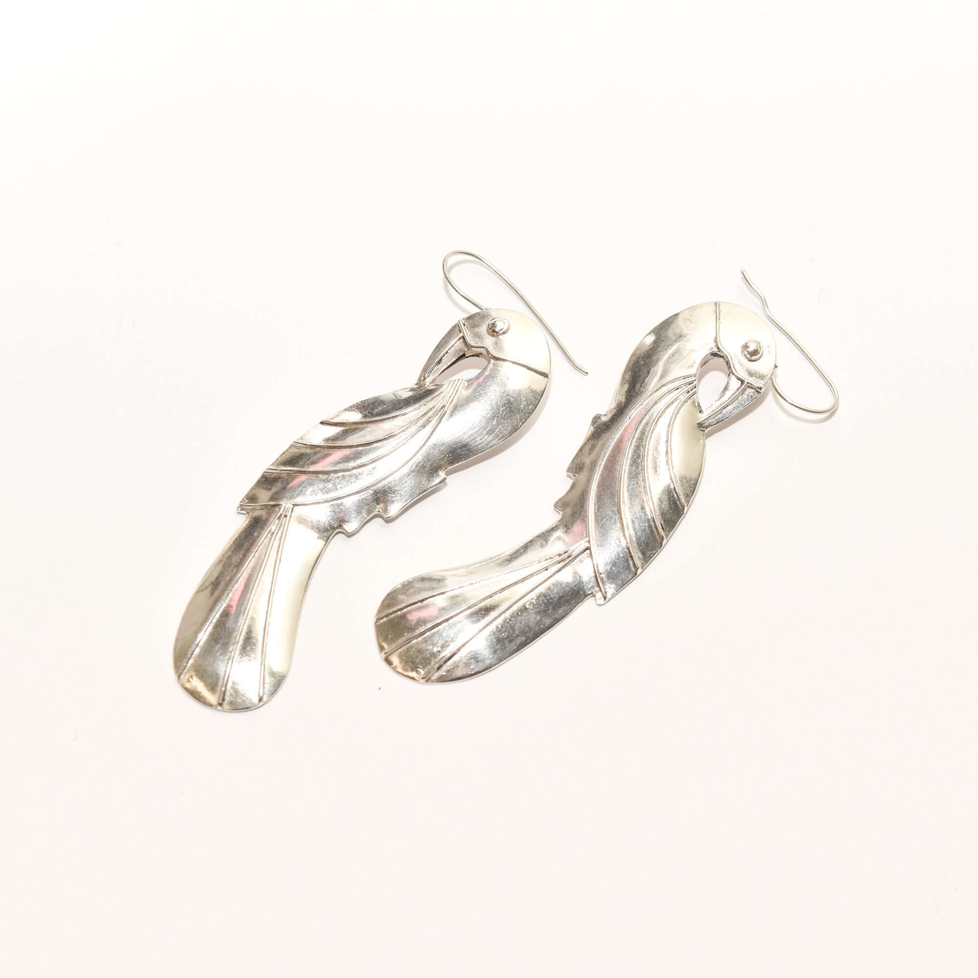 Eclectic Sterling Silver Parrot Dangle Earrings, Long Silver Earrings, Valentines Day Gift, 3.5" L