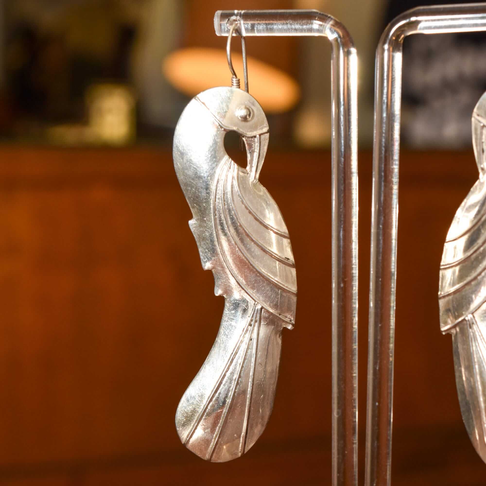 Eclectic Sterling Silver Parrot Dangle Earrings, Long Silver Earrings, Valentines Day Gift, 3.5" L
