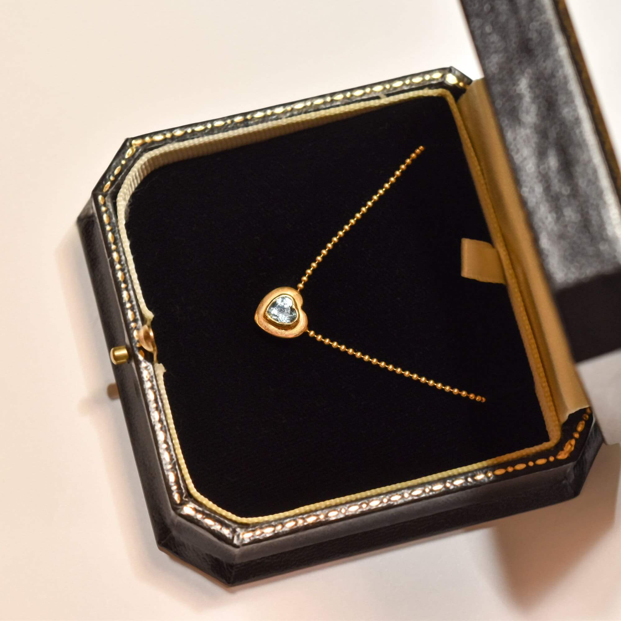 18K Aquamarine Heart Pendant Necklace with Gold Ball Chain
