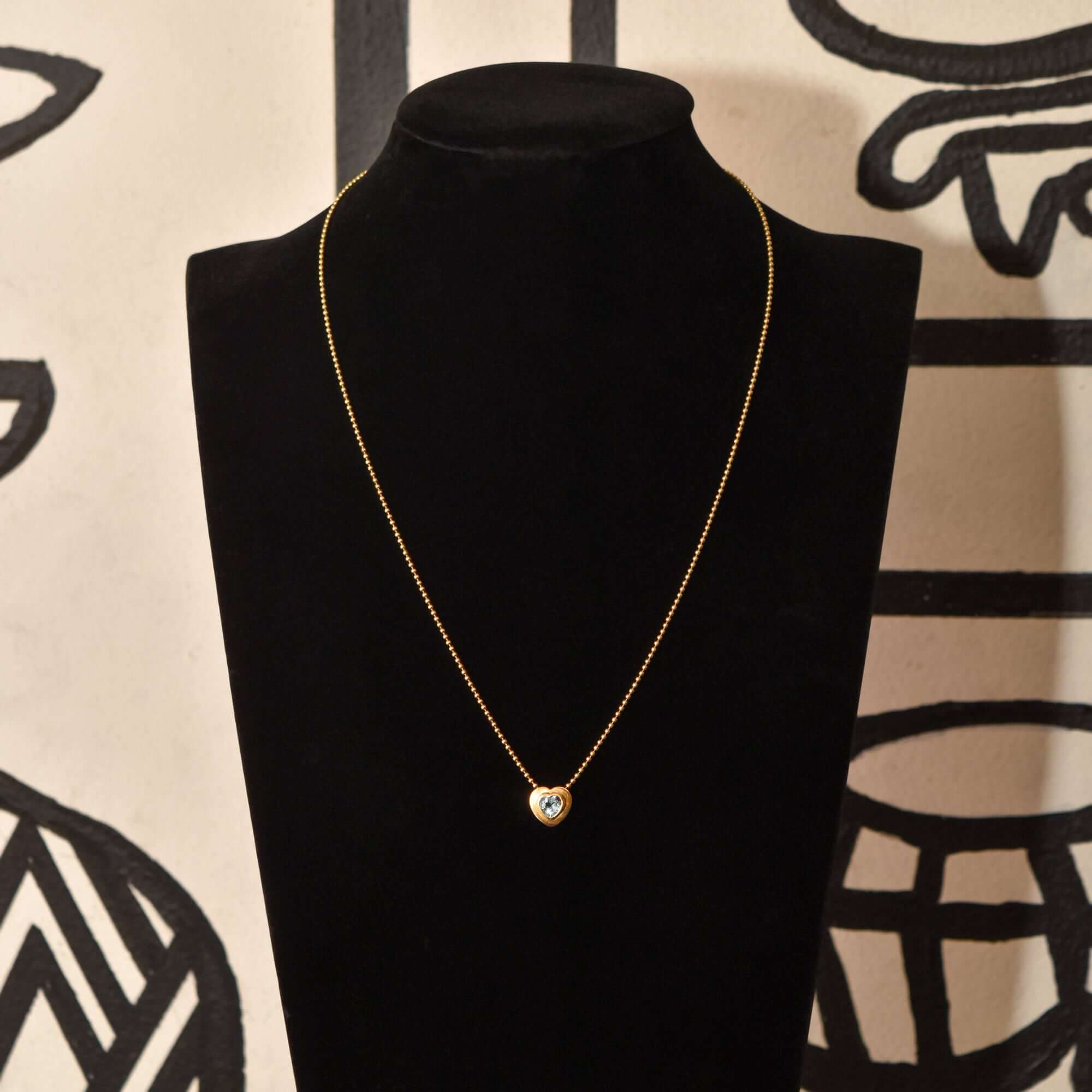 18K Aquamarine Heart Pendant Necklace with Gold Ball Chain