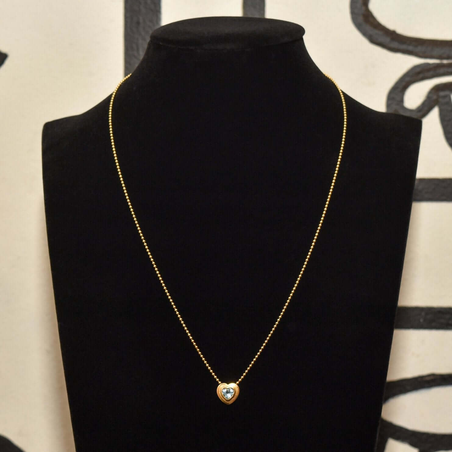 18K Aquamarine Heart Pendant Necklace with Gold Ball Chain