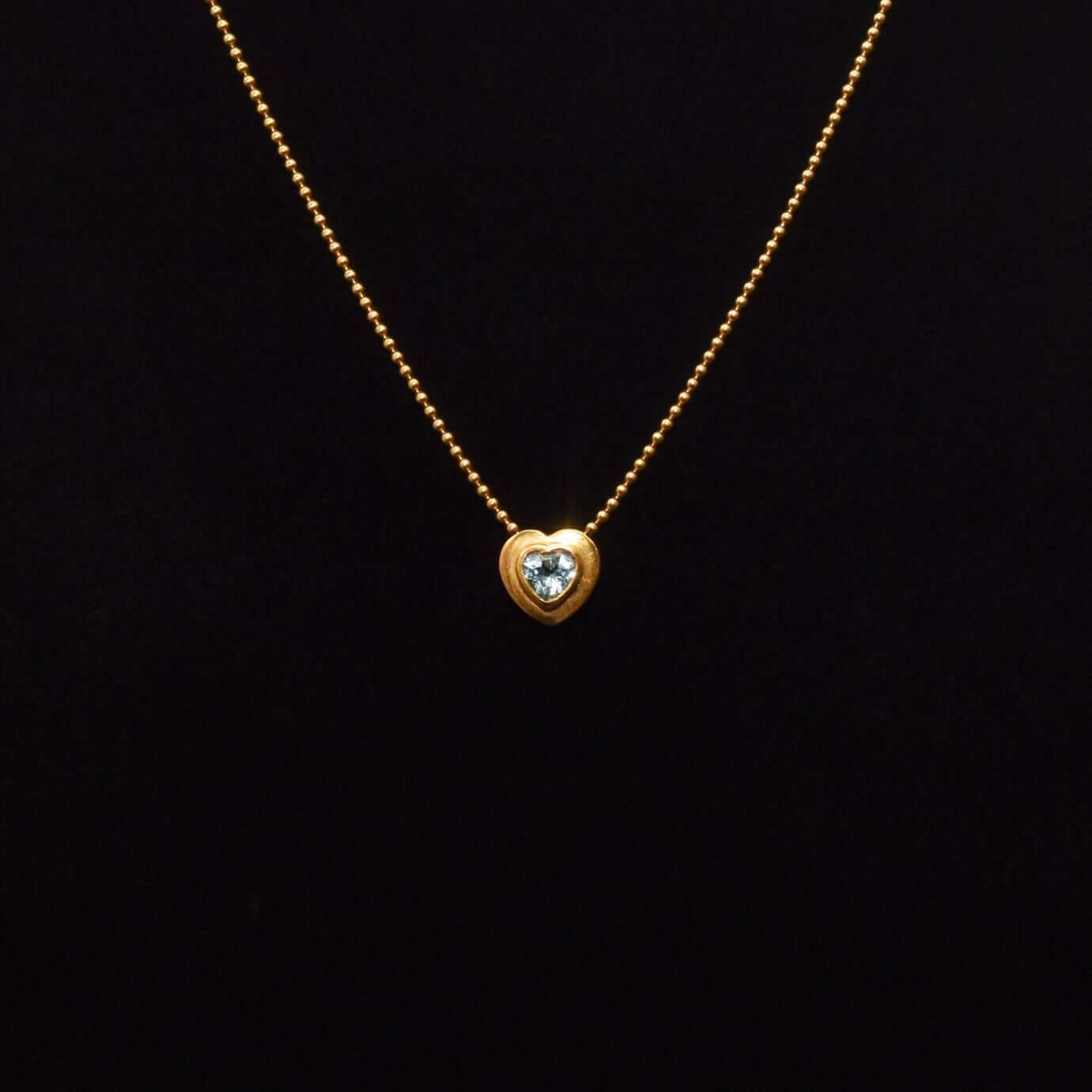 18K Aquamarine Heart Pendant Necklace with Gold Ball Chain
