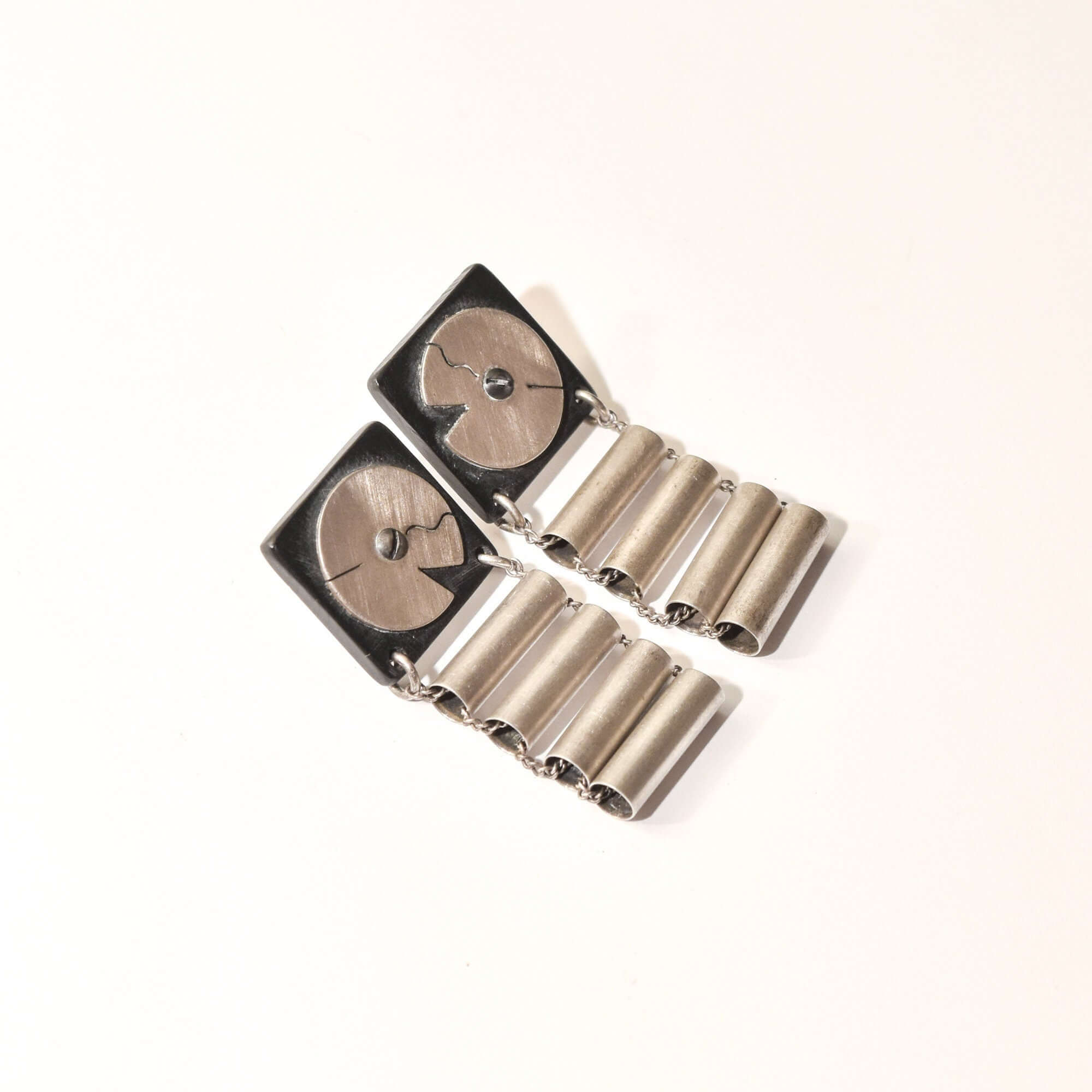 Abstract Modernist Ladder Earrings, Black Composite & Silver Pierced Dangle Earrings, 47.5mm