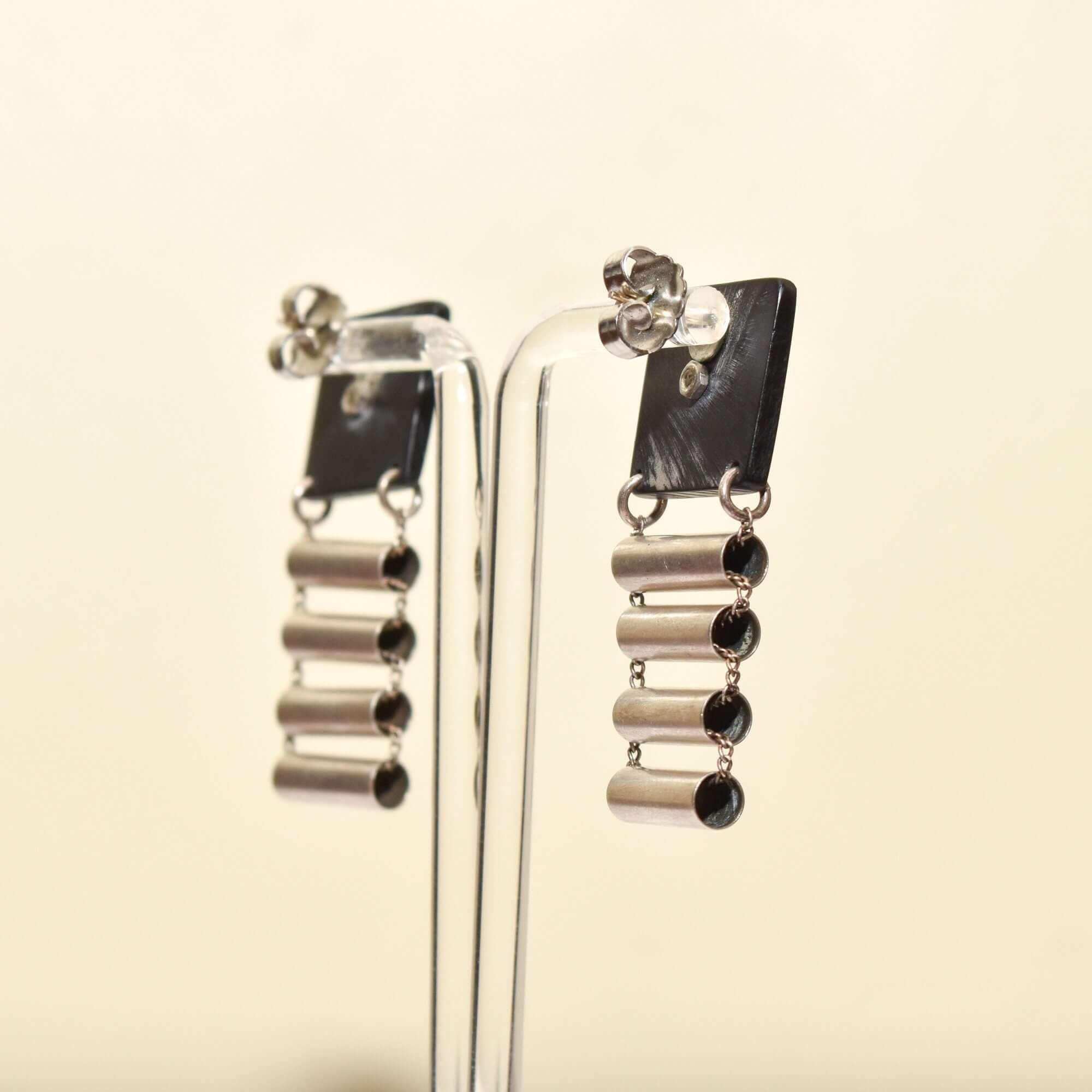Abstract Modernist Ladder Earrings, Black Composite & Silver Pierced Dangle Earrings, 47.5mm