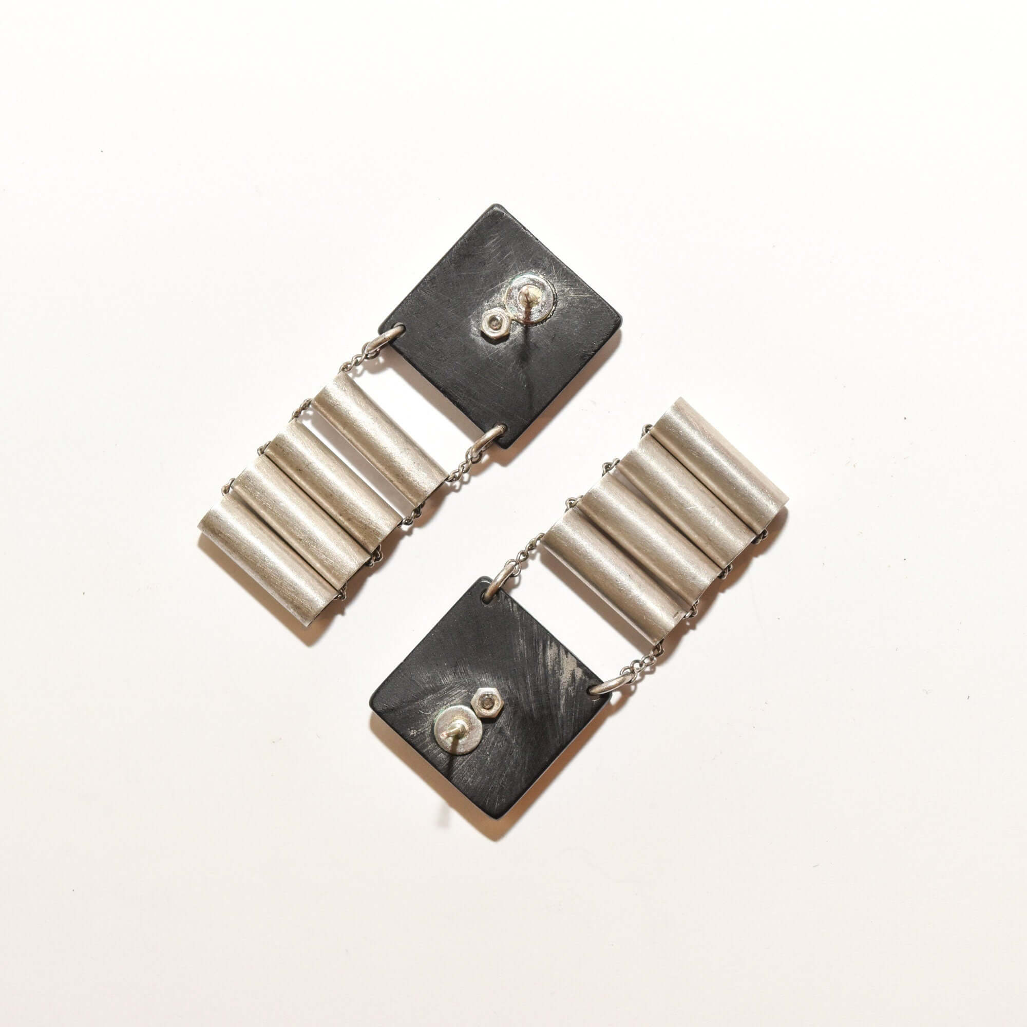 Abstract Modernist Ladder Earrings, Black Composite & Silver Pierced Dangle Earrings, 47.5mm