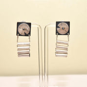 Abstract Modernist Ladder Earrings, Black Composite & Silver Pierced Dangle Earrings, 47.5mm