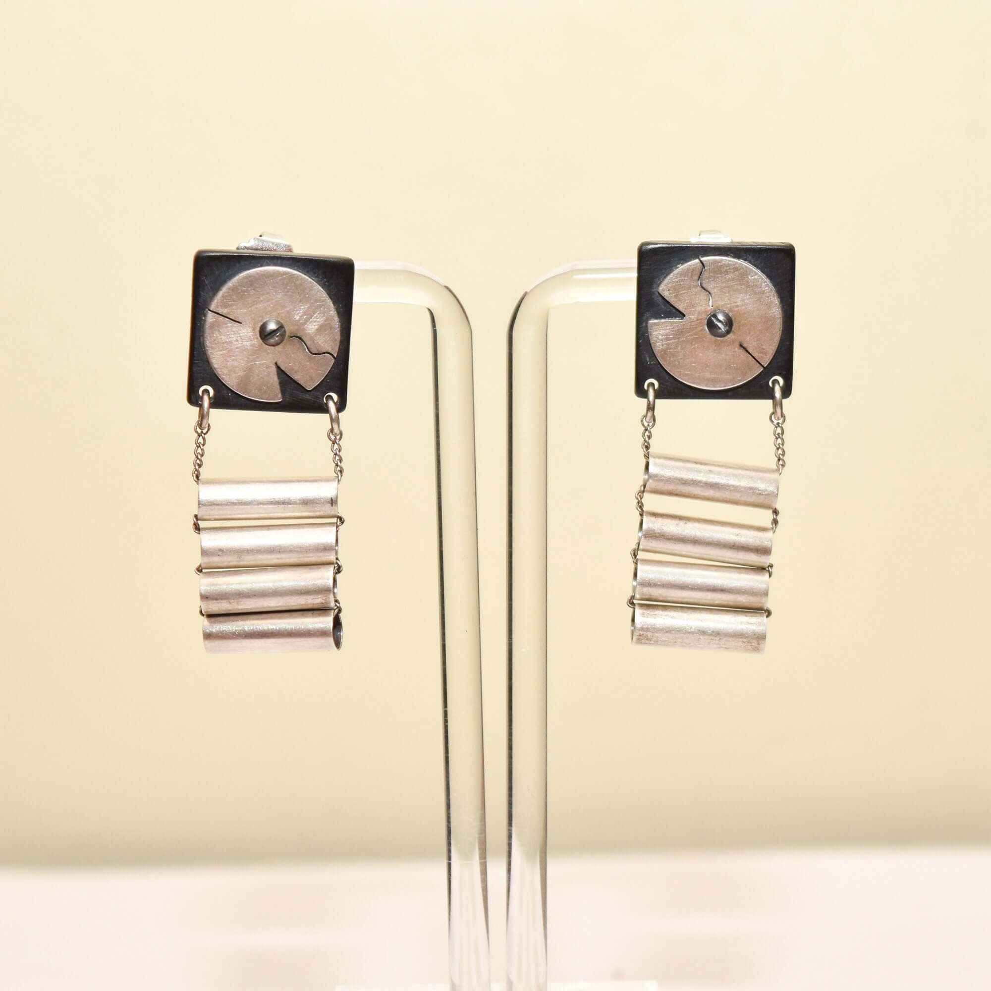 Abstract Modernist Ladder Earrings, Black Composite & Silver Pierced Dangle Earrings, 47.5mm