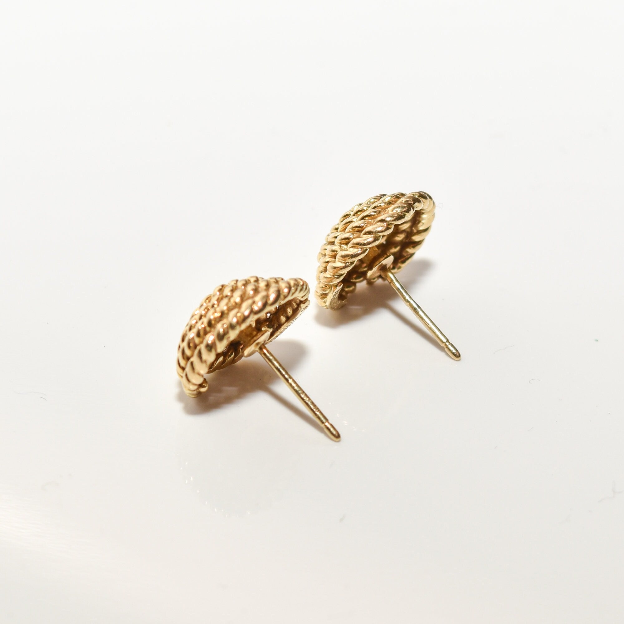 Tiffany & Co Schlumberger 18K Woven Button Stud Earrings, Coiled Rope Earrings, Estate Jewelry, 14.5mm