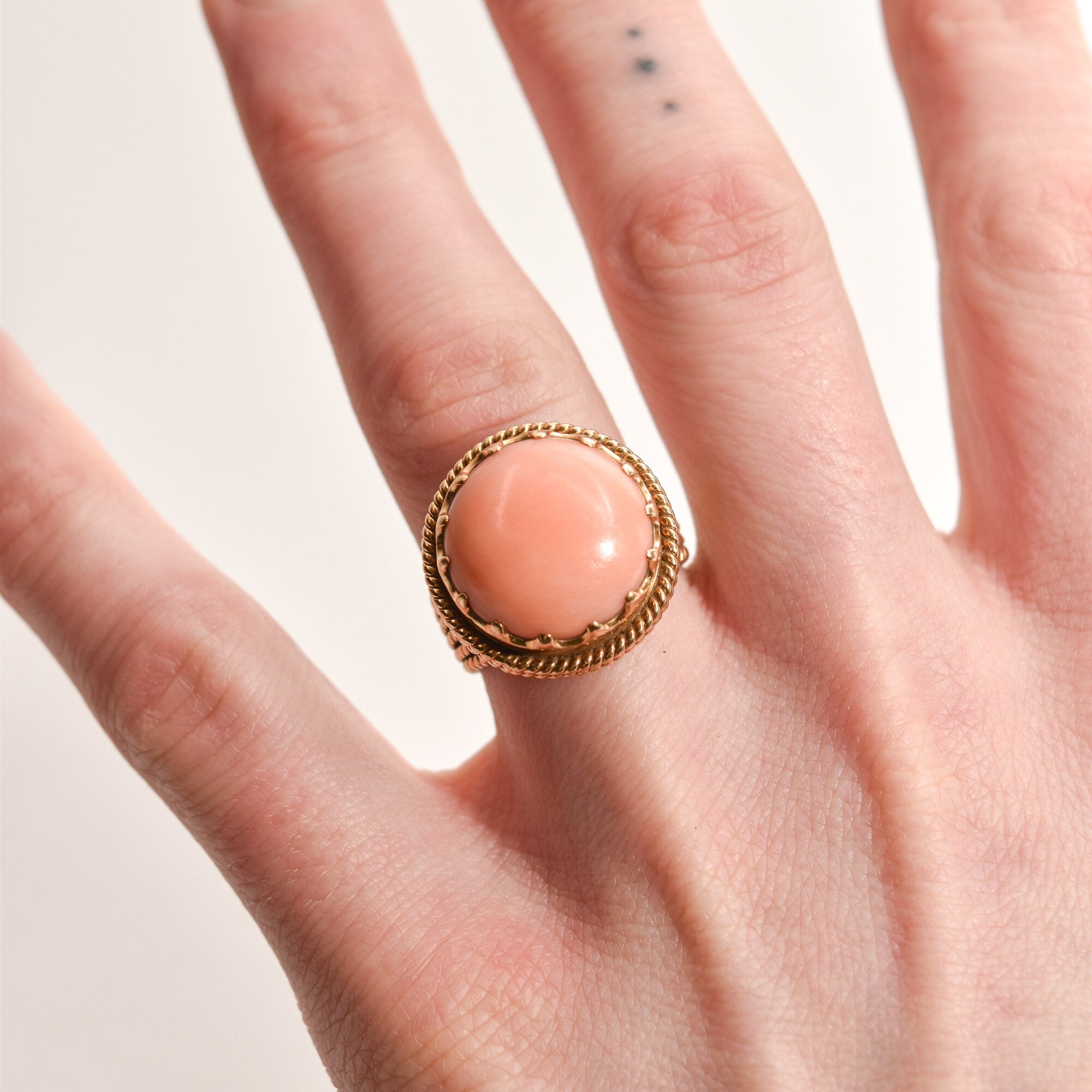 Estate Angel Skin Coral Cocktail Ring with 18K Yellow Gold Woven Band, Size 6.25 on Finger