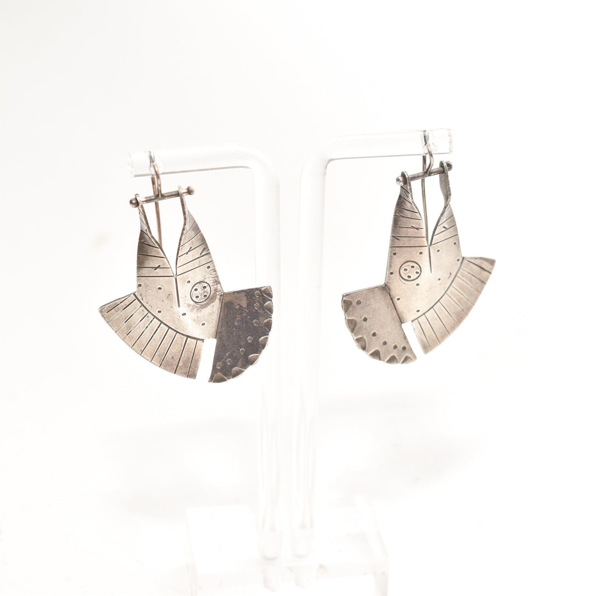Modernist Sterling Silver Fish Head Dangle Earrings, Unique 925 Silver Earrings, 1.875"