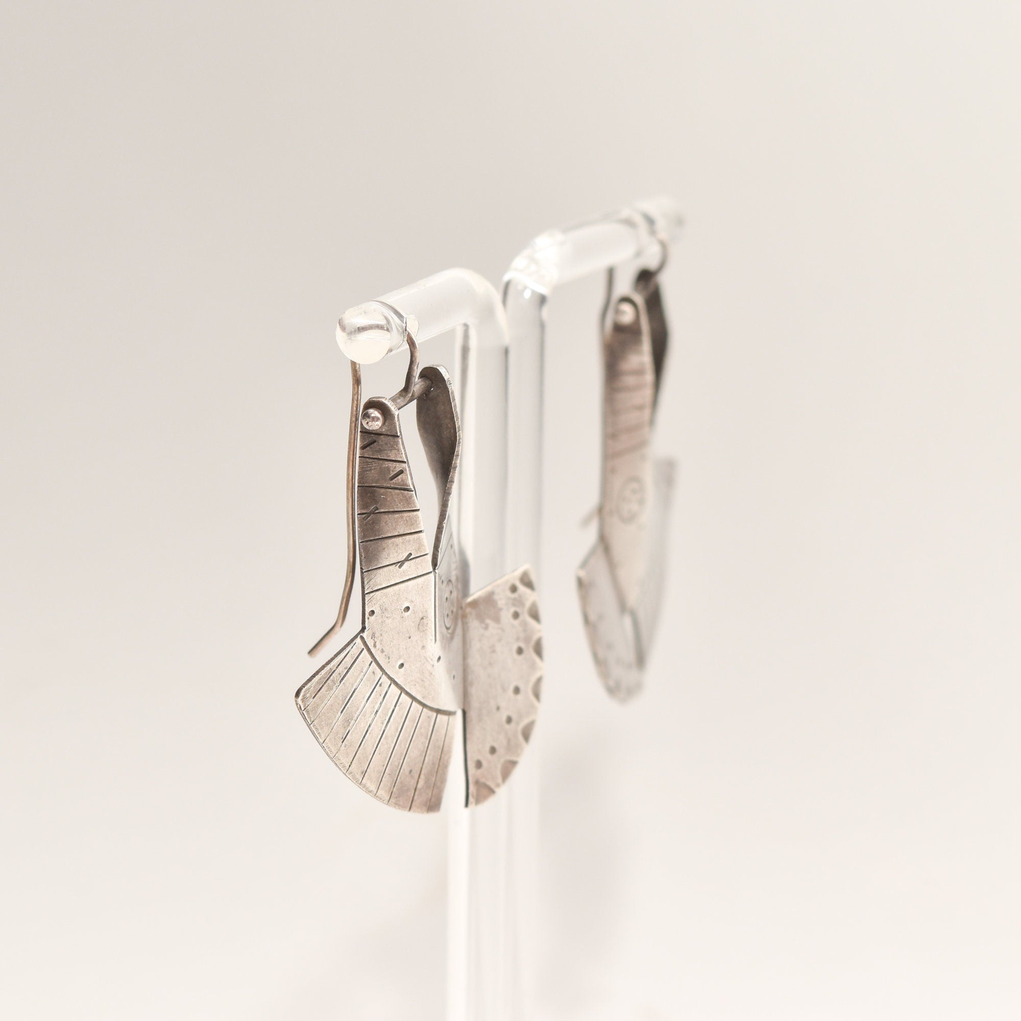 Modernist Sterling Silver Fish Head Dangle Earrings, Unique 925 Silver Earrings, 1.875"