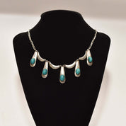Israeli Sterling Silver Turquoise Festoon Necklace, Piano Key Pendant, Gemstone Jewelry, 19" L