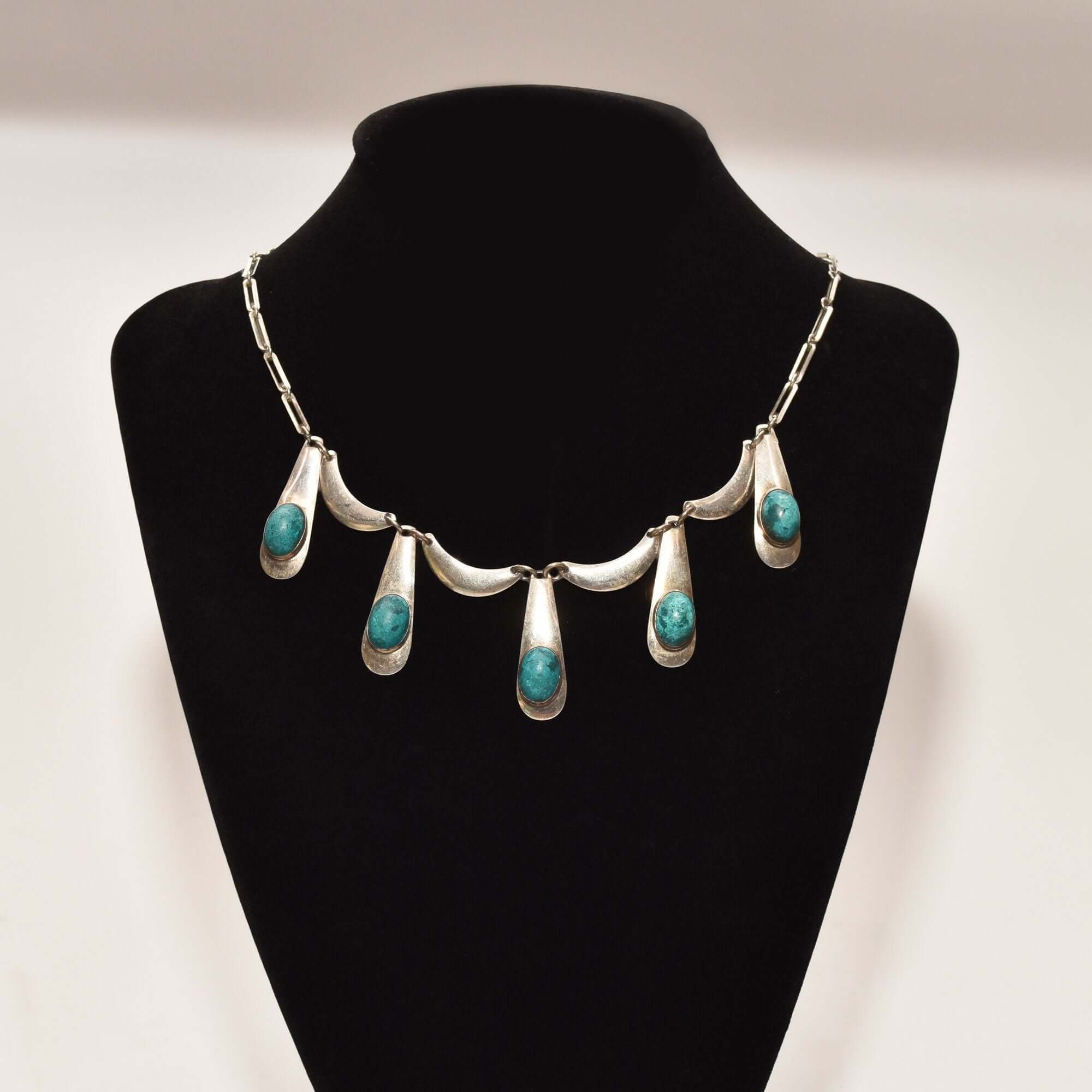 Israeli Sterling Silver Turquoise Festoon Necklace, Piano Key Pendant, Gemstone Jewelry, 19" L