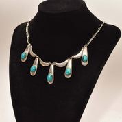 Israeli Sterling Silver Turquoise Festoon Necklace, Piano Key Pendant, Gemstone Jewelry, 19" L