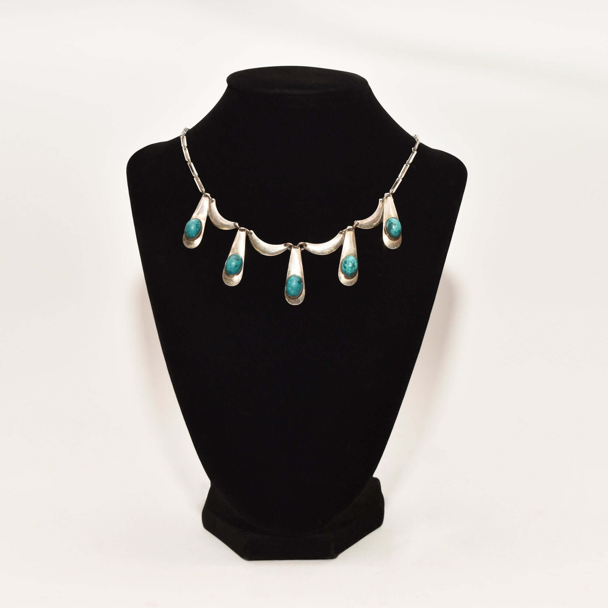 Israeli Sterling Silver Turquoise Festoon Necklace, Piano Key Pendant, Gemstone Jewelry, 19" L