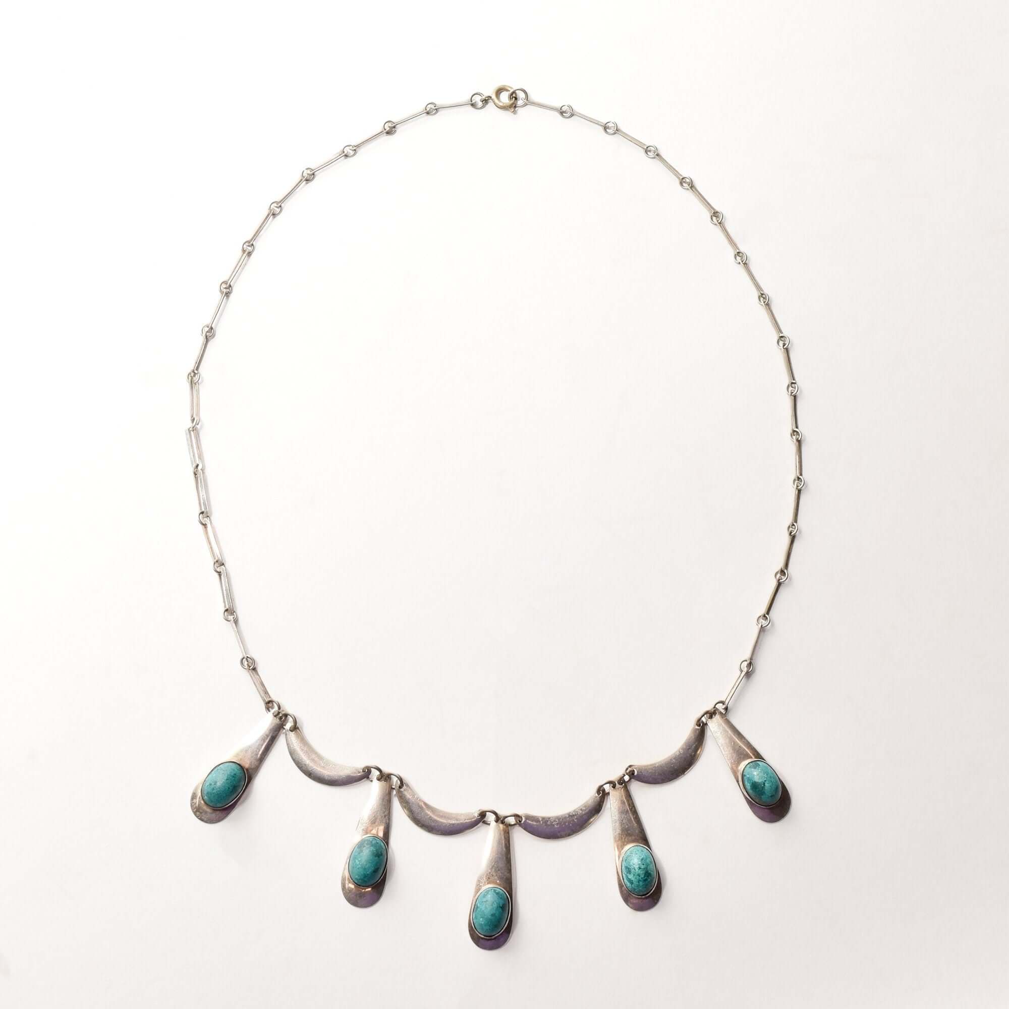Israeli Sterling Silver Turquoise Festoon Necklace, Piano Key Pendant, Gemstone Jewelry, 19" L