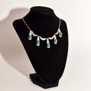 Israeli Sterling Silver Turquoise Festoon Necklace, Piano Key Pendant, Gemstone Jewelry, 19" L