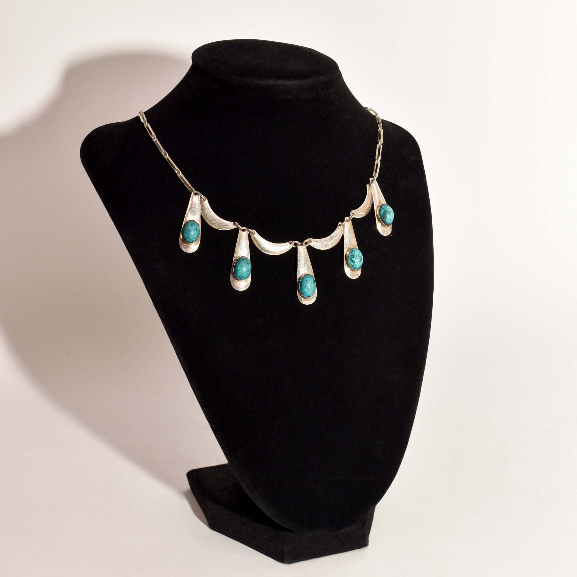 Israeli Sterling Silver Turquoise Festoon Necklace, Piano Key Pendant, Gemstone Jewelry, 19" L