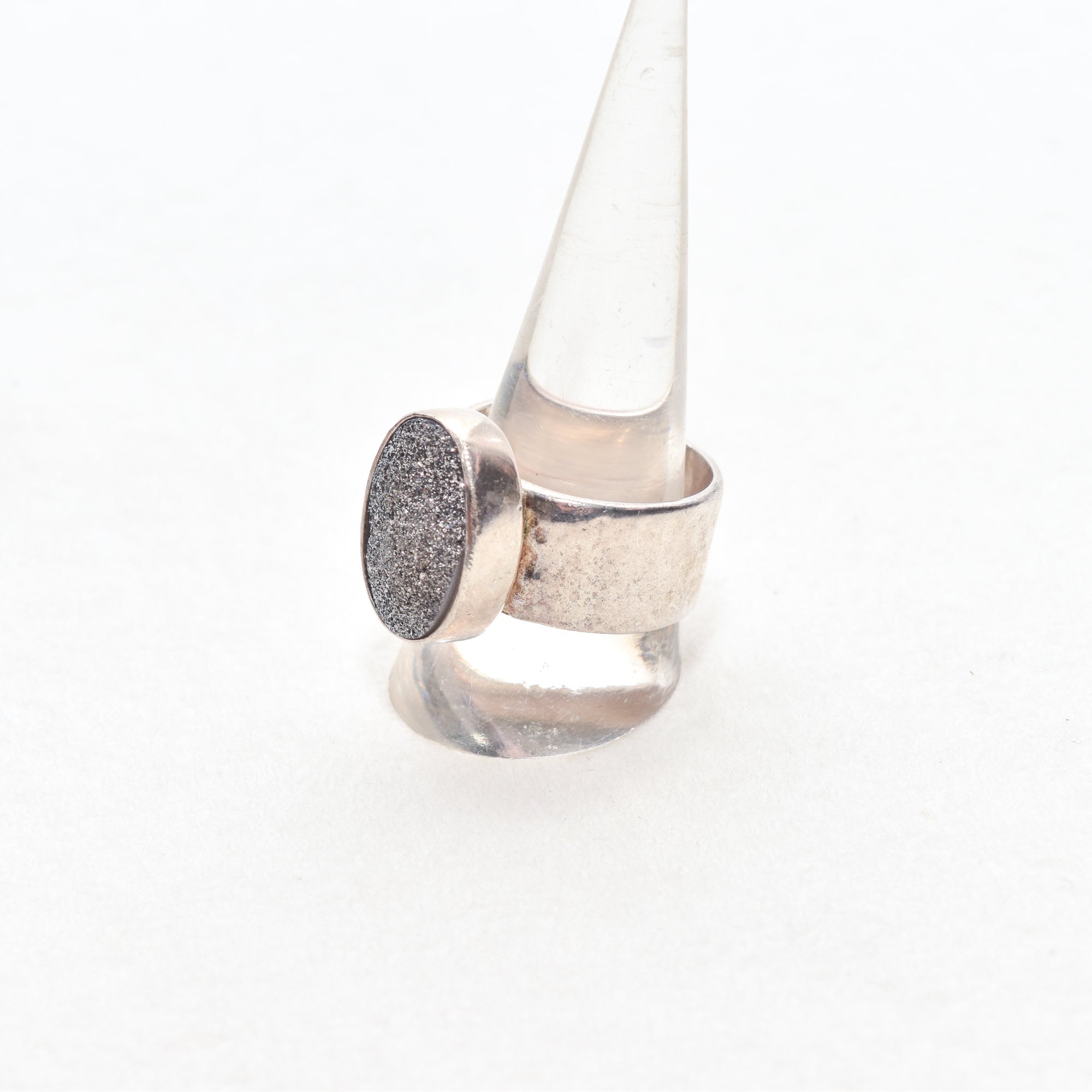 Sparkly Sterling Silver Druzy Quartz Ring, Chunky Hammered Ring, Gemstone Jewelry, Size 10 1/4 US