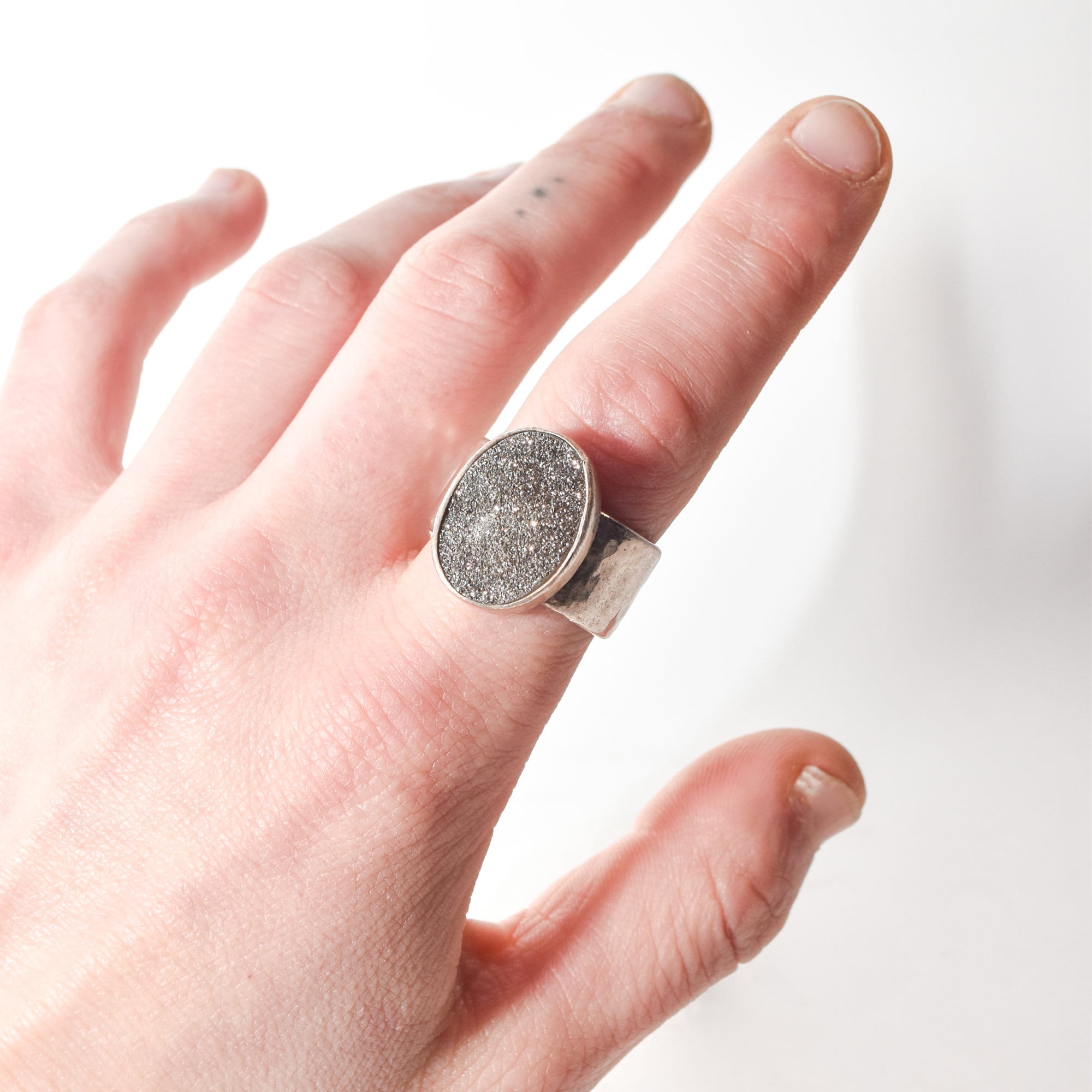 Sparkly Sterling Silver Druzy Quartz Ring, Chunky Hammered Ring, Gemstone Jewelry, Size 10 1/4 US