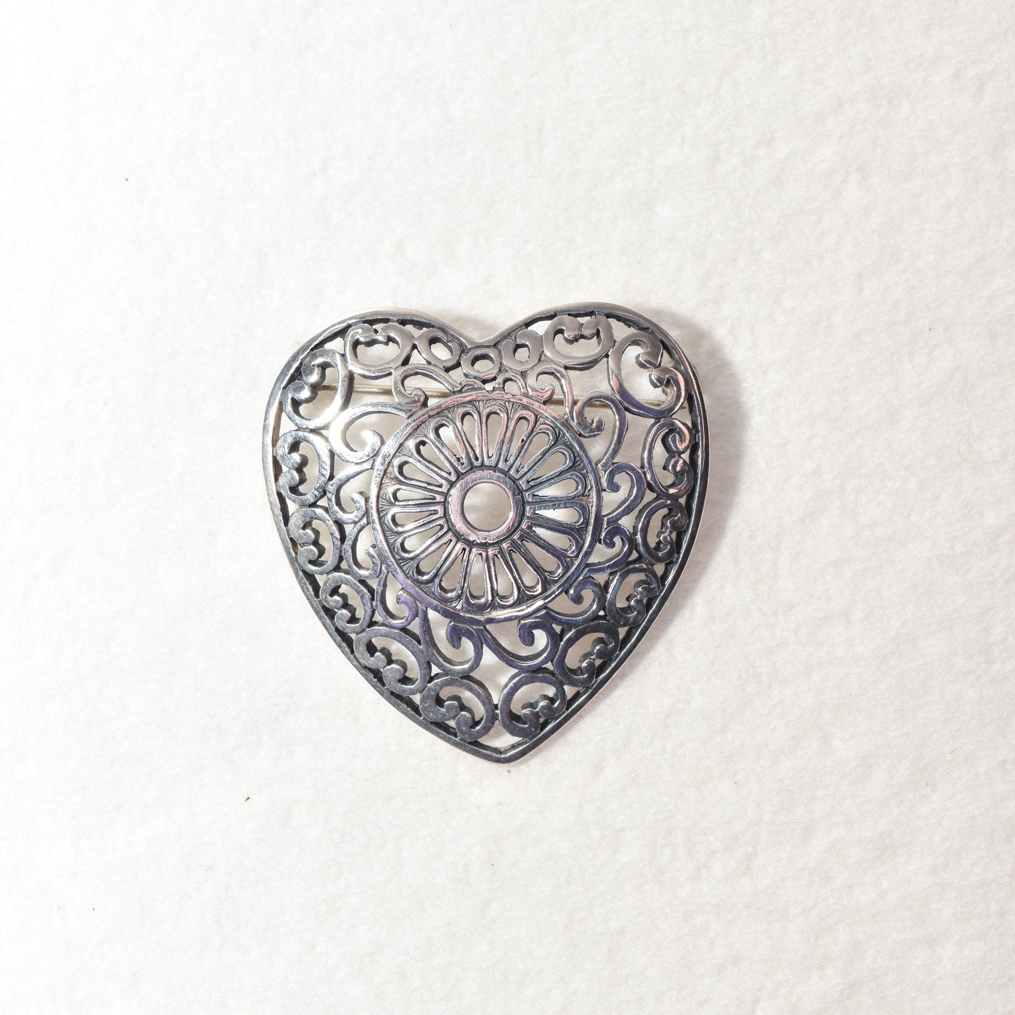 Ornate Sterling Silver Filigree Heart Brooch