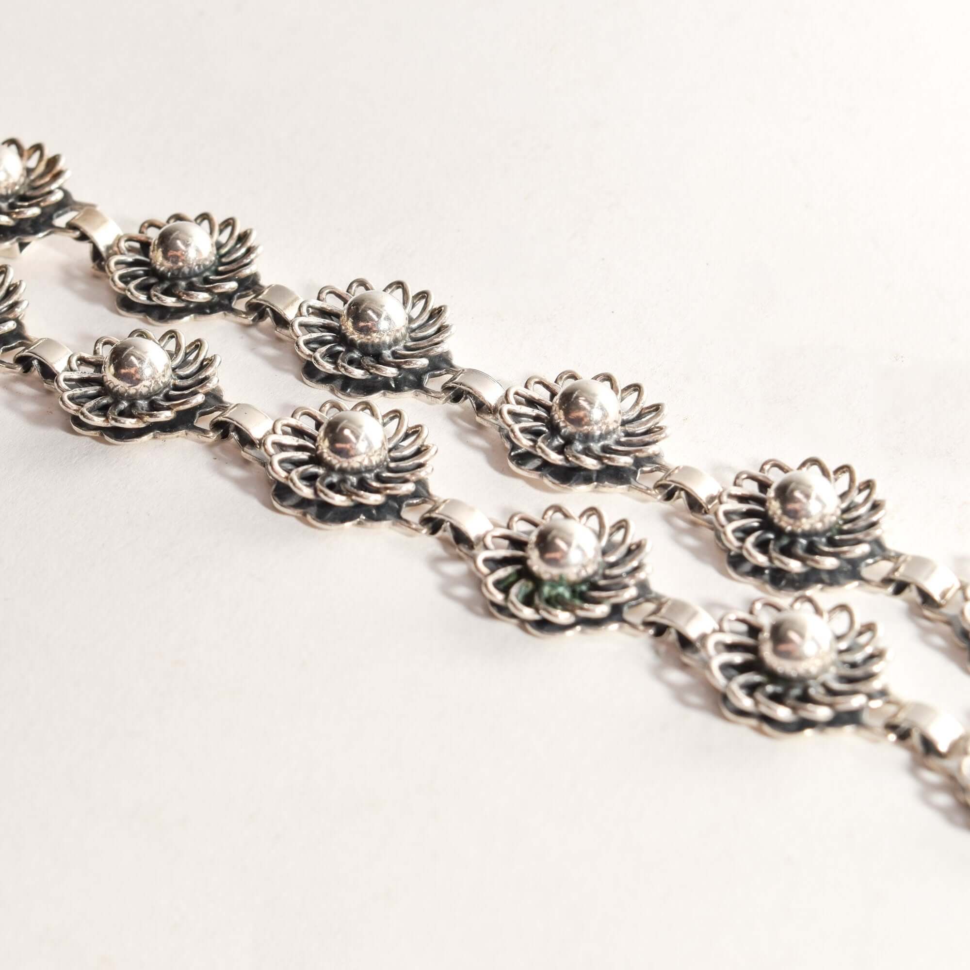 1950's Danish Sterling Silver Flower Link Necklace & Bracelet Set By John Lauritzen