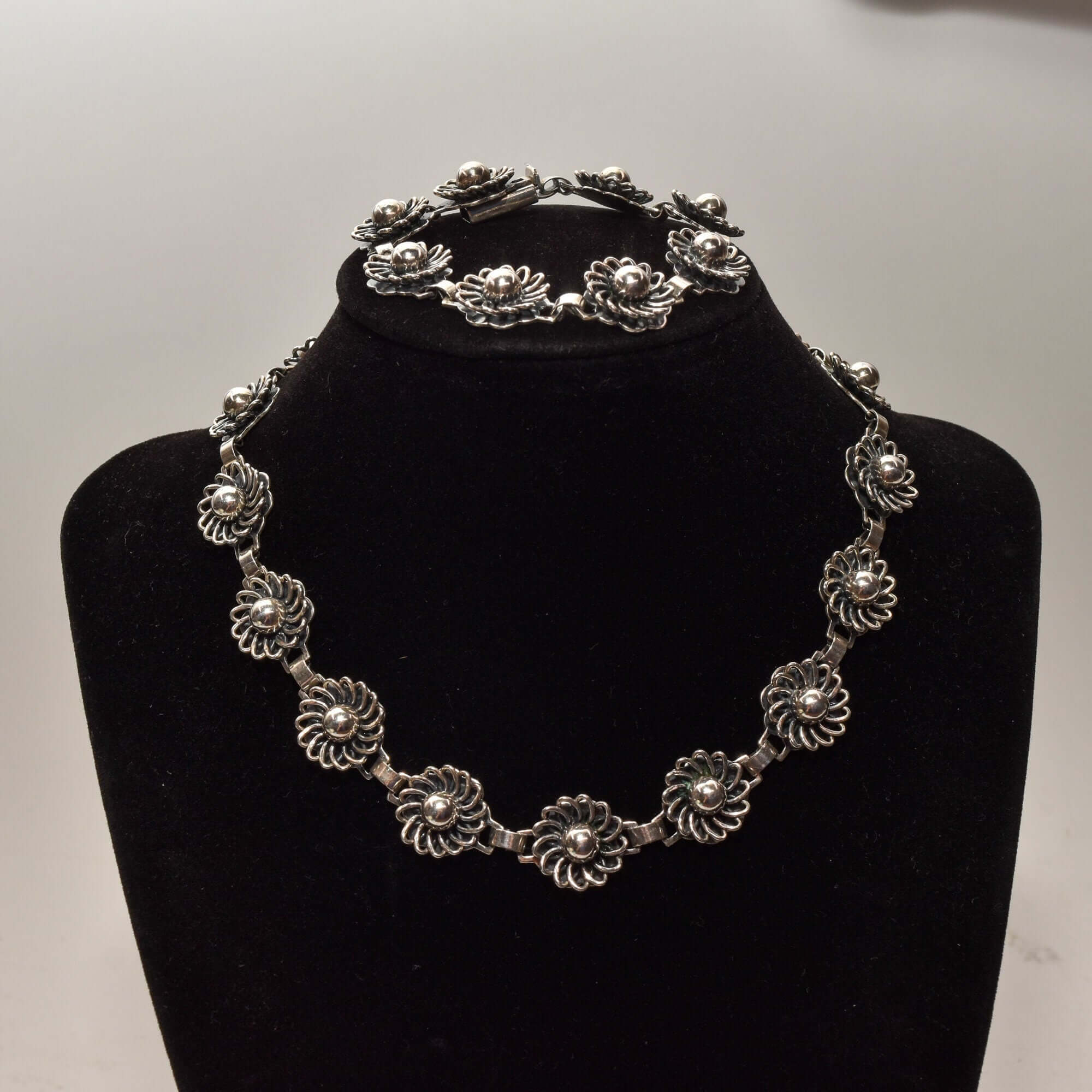 1950's Danish Sterling Silver Flower Link Necklace & Bracelet Set By John Lauritzen