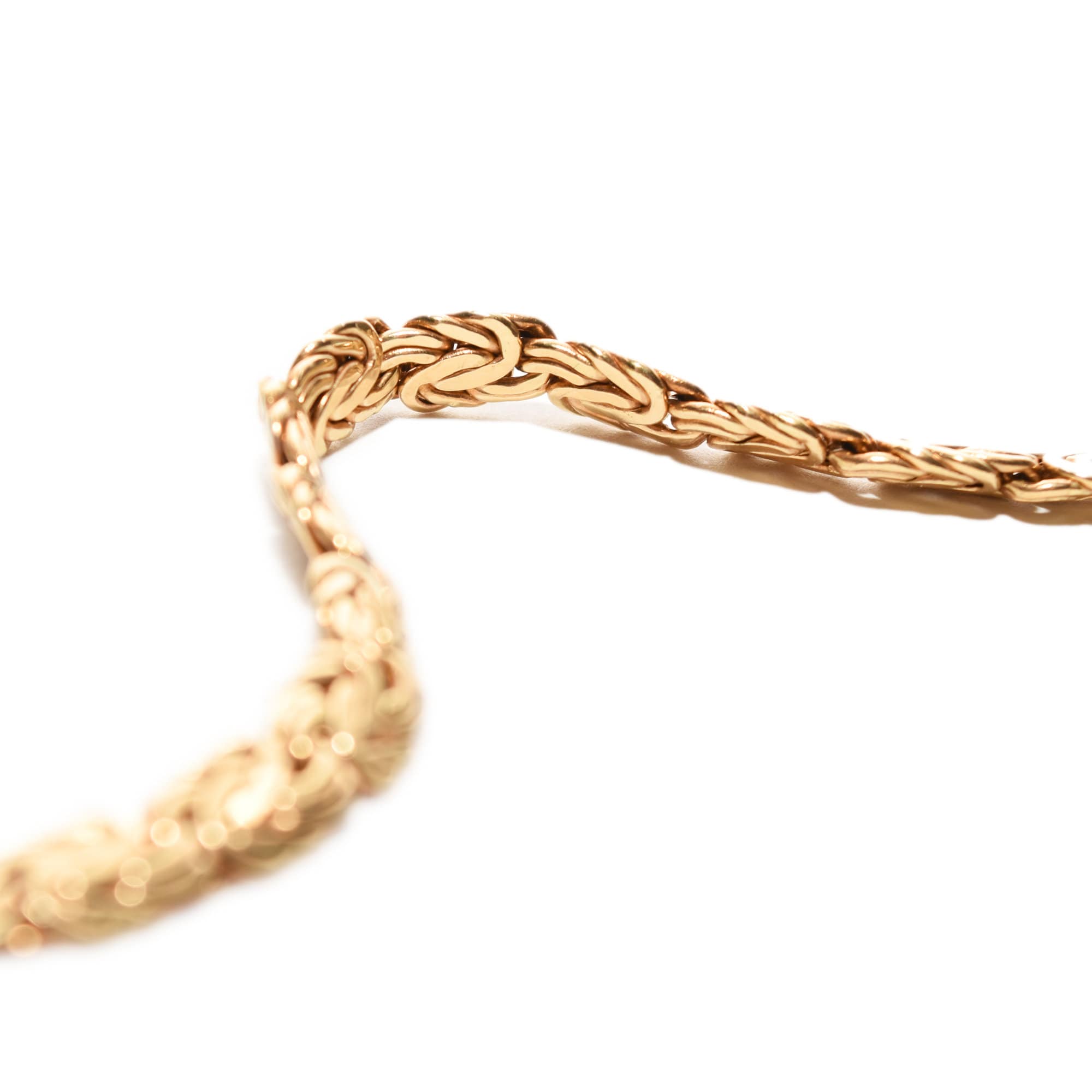 14K Yellow Gold Turkish Byzantine Bracelet, Unisex Chain Design, Estate Jewelry, 7.25 Inches on White Background