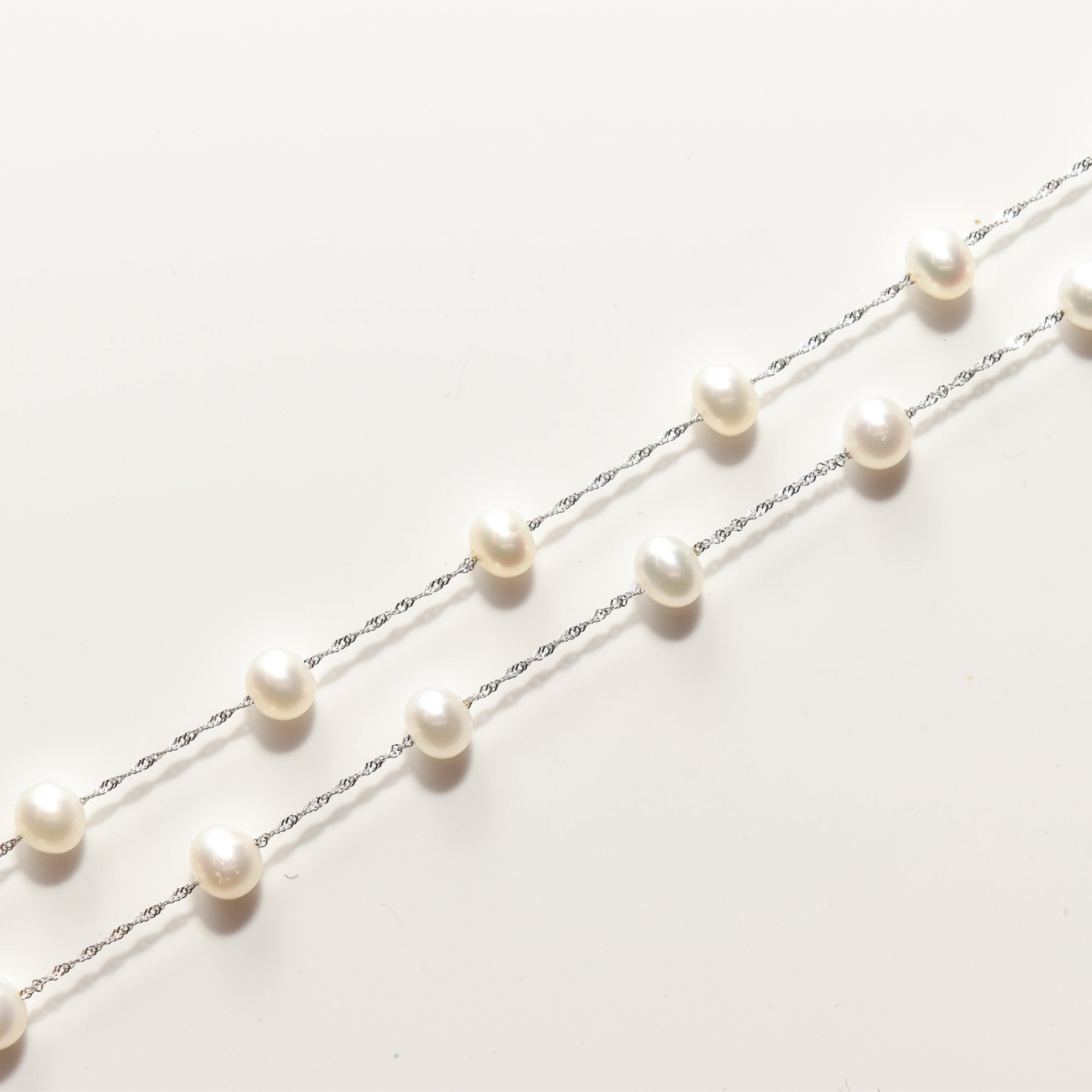 White Pearl Choker In 14K White Gold, Elegant Pearl Station Necklace, 17.75"