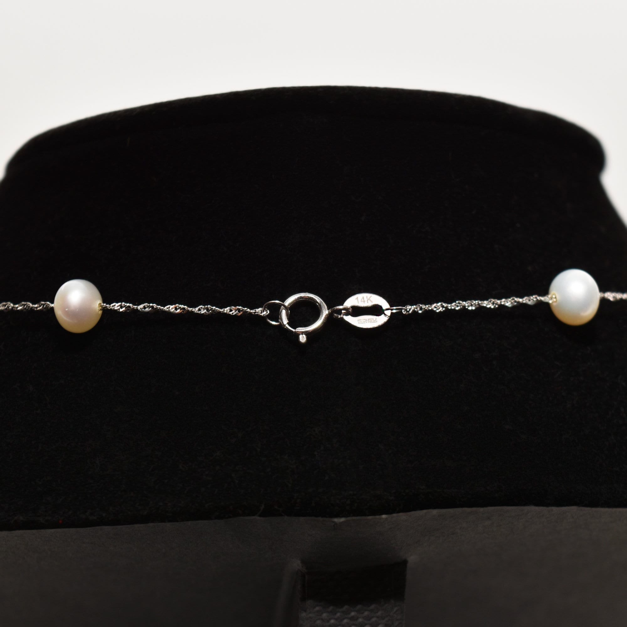 White Pearl Choker In 14K White Gold, Elegant Pearl Station Necklace, 17.75"