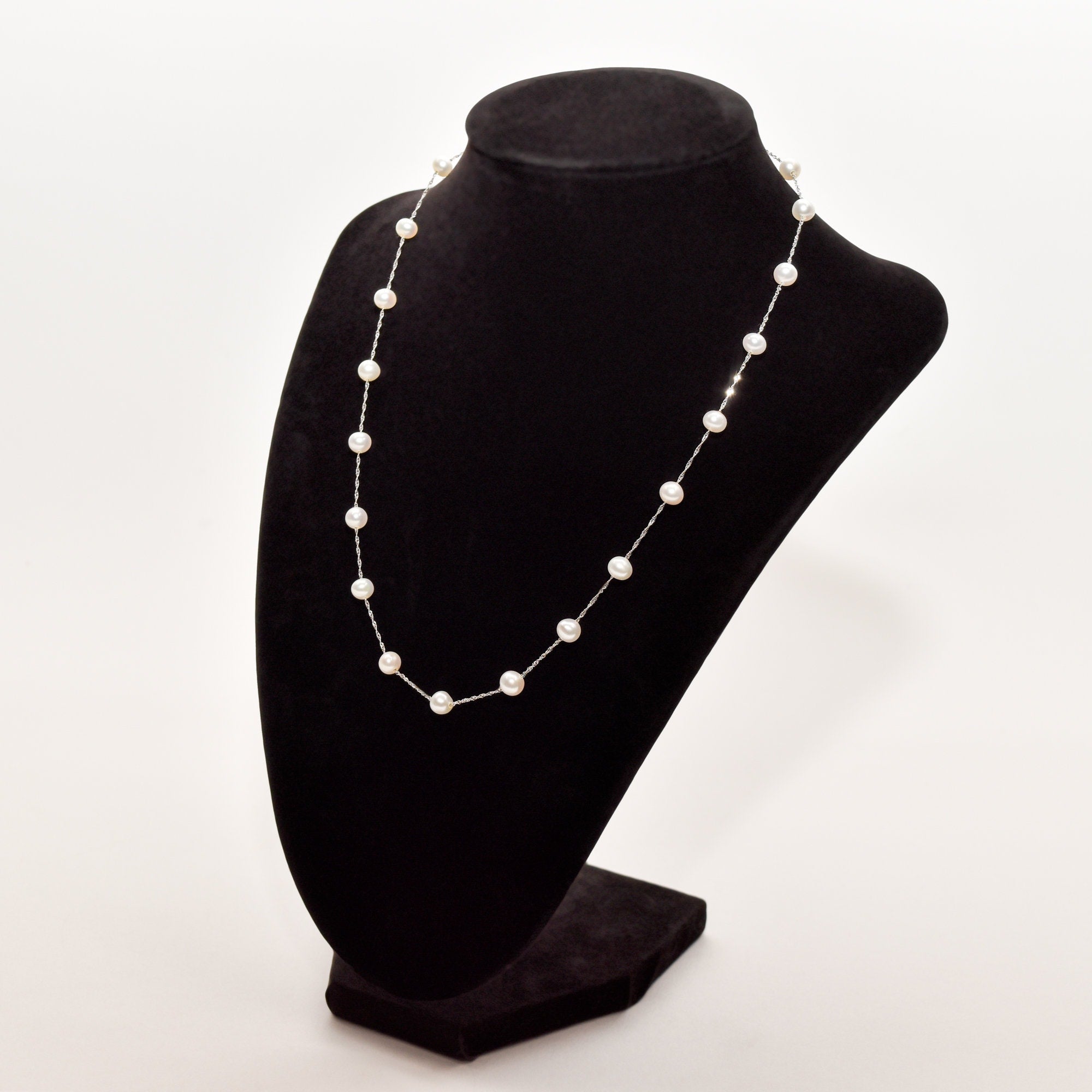 White Pearl Choker In 14K White Gold, Elegant Pearl Station Necklace, 17.75"