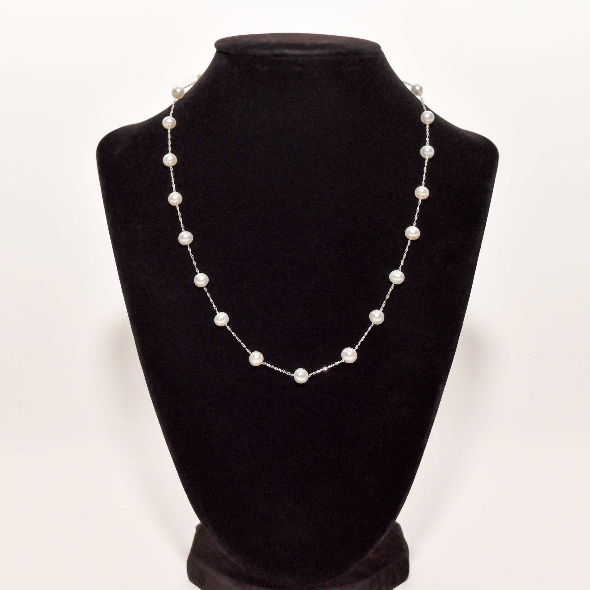White Pearl Choker In 14K White Gold, Elegant Pearl Station Necklace, 17.75"