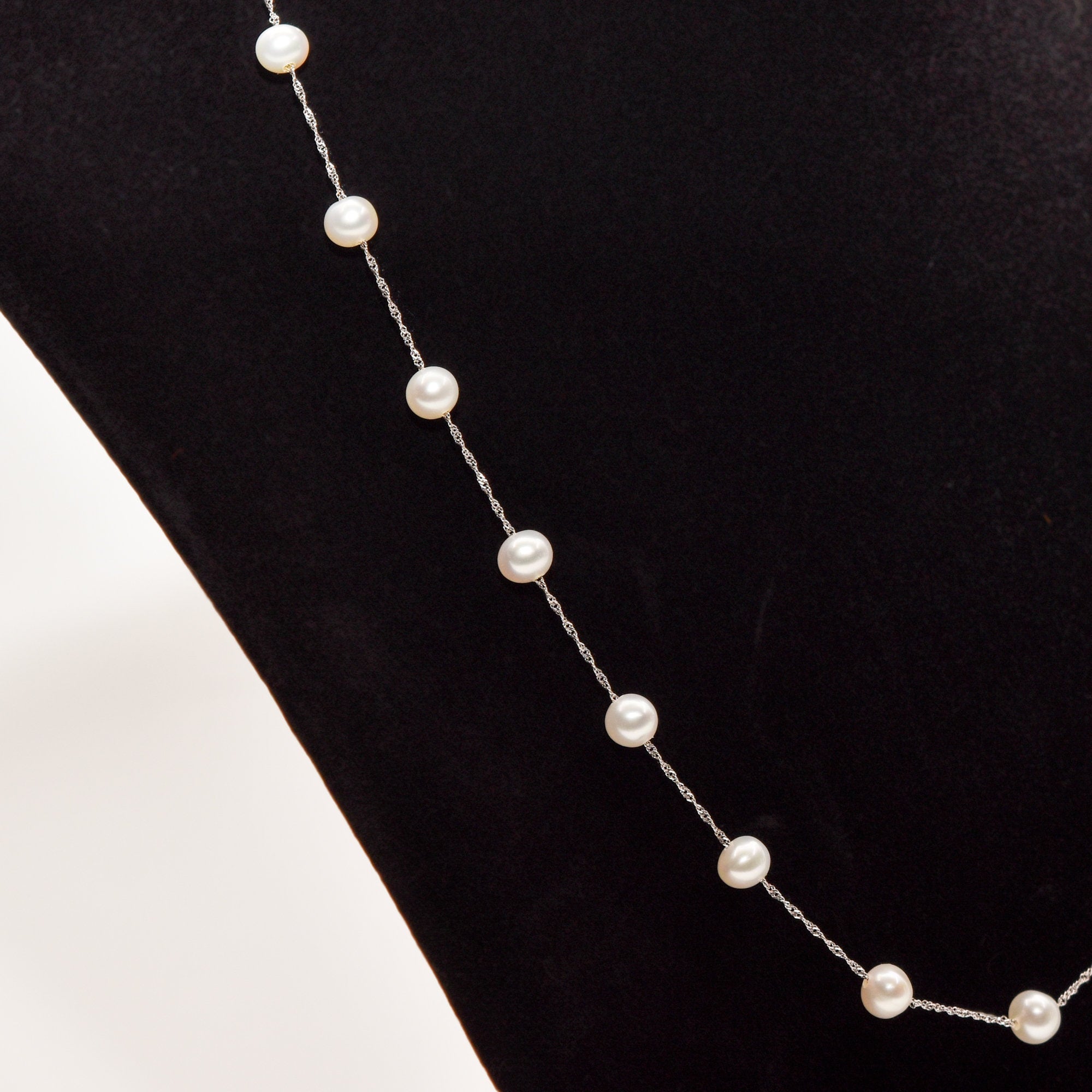 White Pearl Choker In 14K White Gold, Elegant Pearl Station Necklace, 17.75"