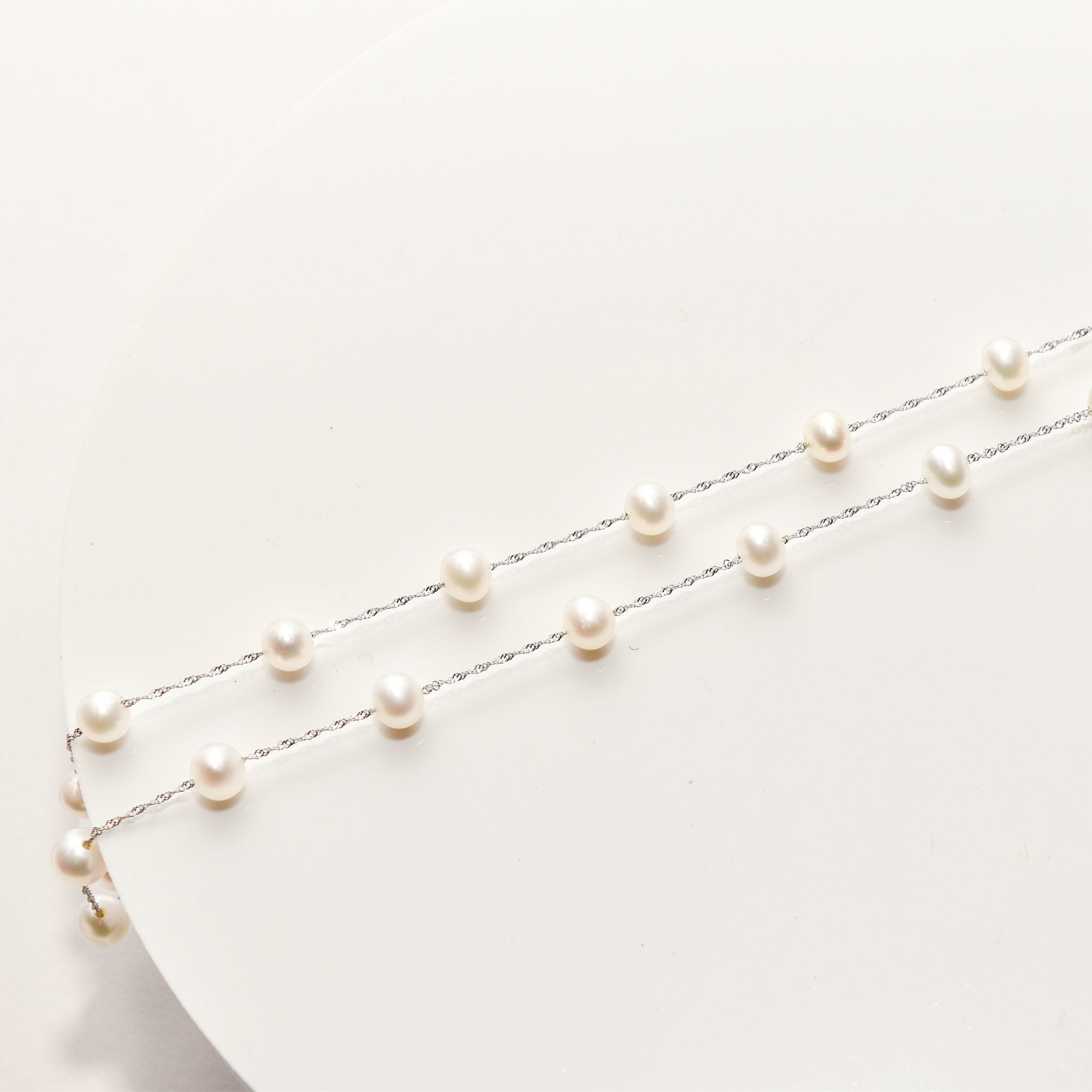 White Pearl Choker In 14K White Gold, Elegant Pearl Station Necklace, 17.75"