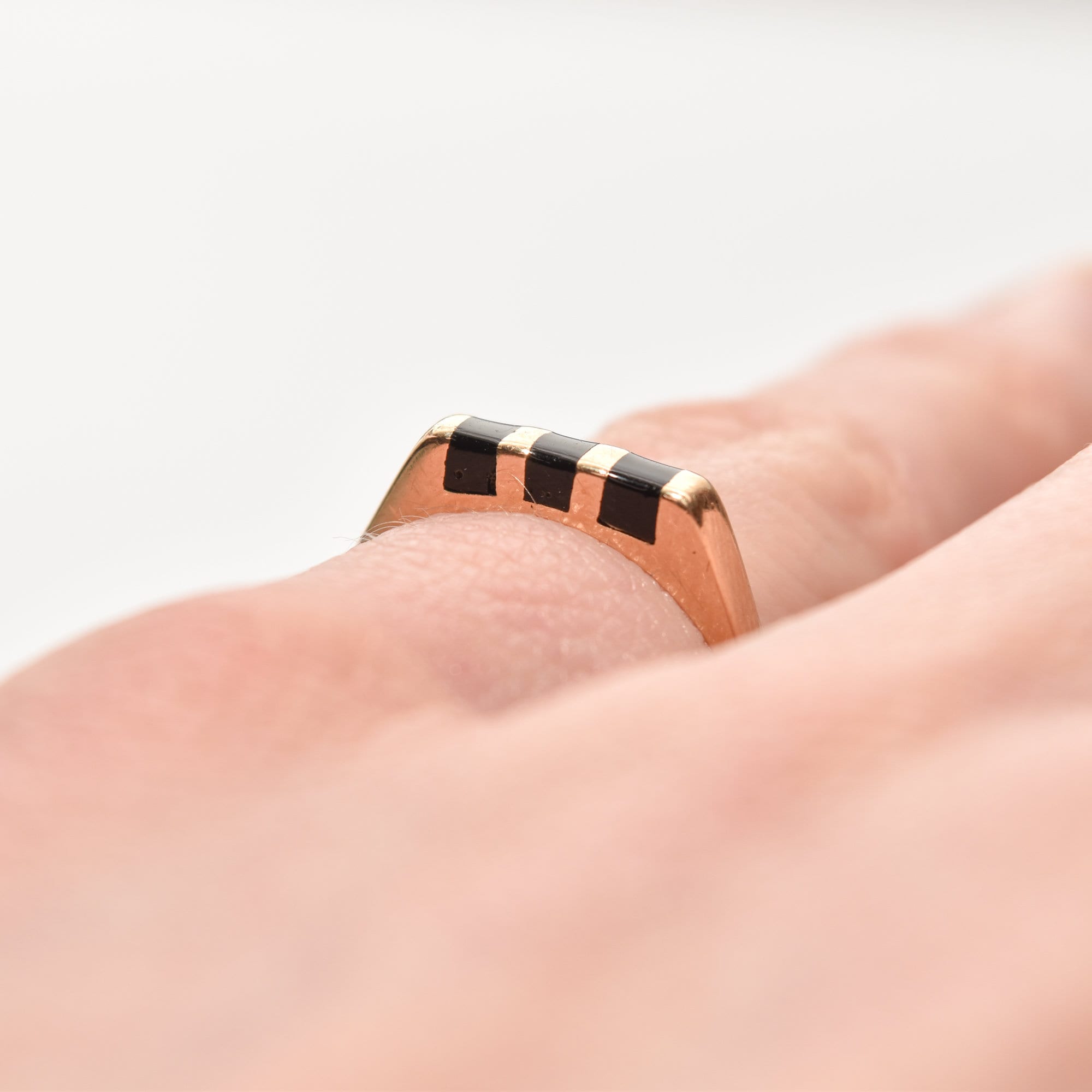 Minimalist 14K Black Onyx Inlay Ring, Striped Yellow Gold Stacking Ring, Size 5 1/2 US