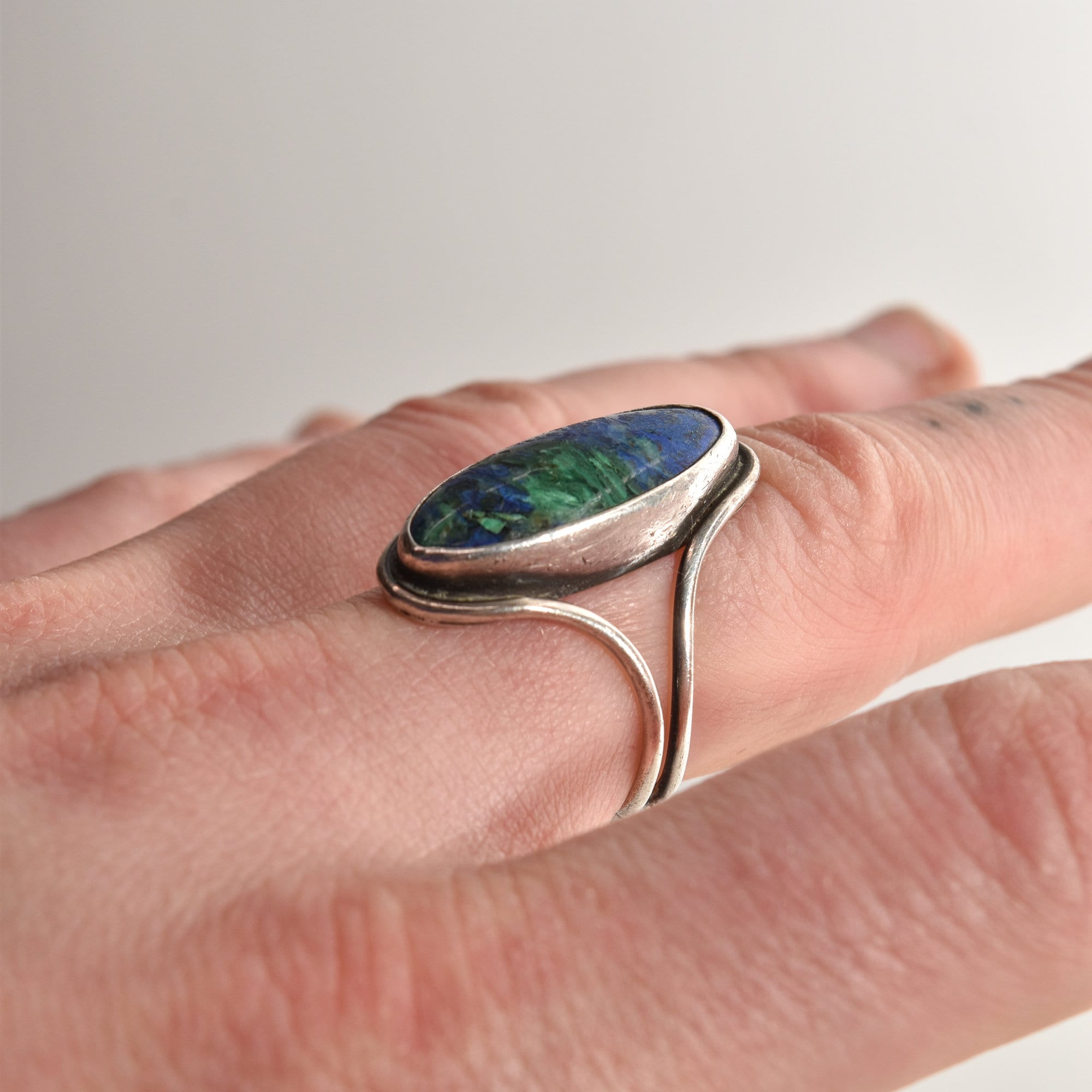 Modernist Sterling Silver Azurite Ring, Gemstone Jewelry, Size 7 1/2 US