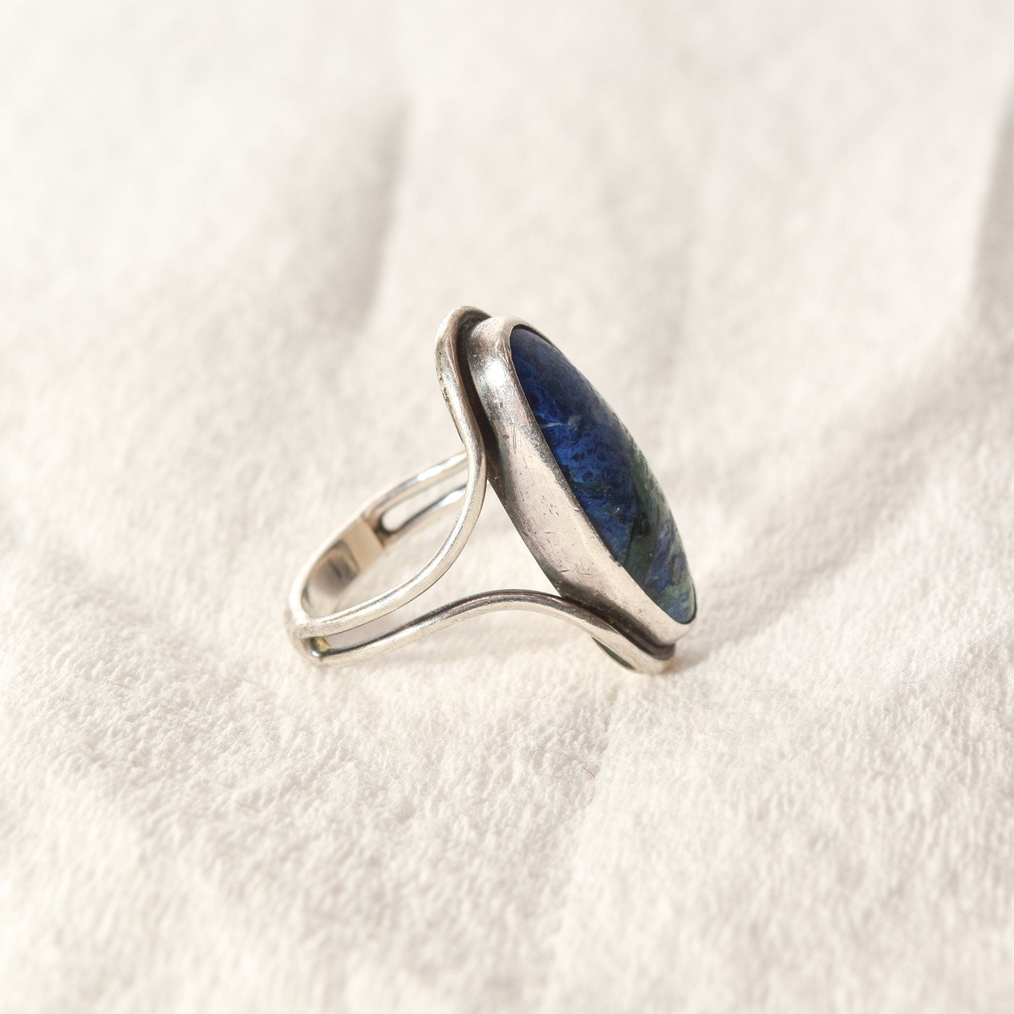 Modernist Sterling Silver Azurite Ring, Gemstone Jewelry, Size 7 1/2 US