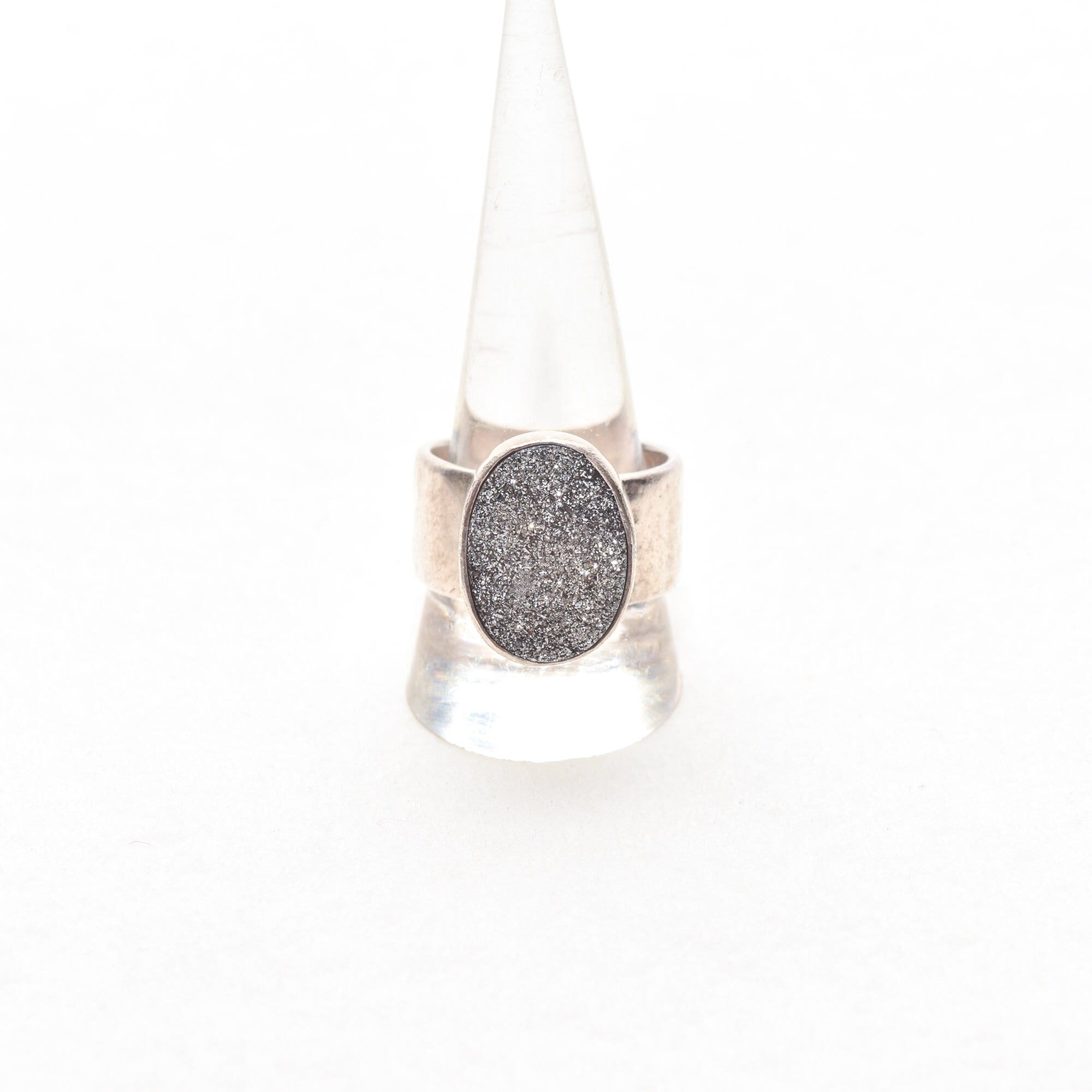 Sparkly Sterling Silver Druzy Quartz Ring, Chunky Hammered Ring, Gemstone Jewelry, Size 10 1/4 US