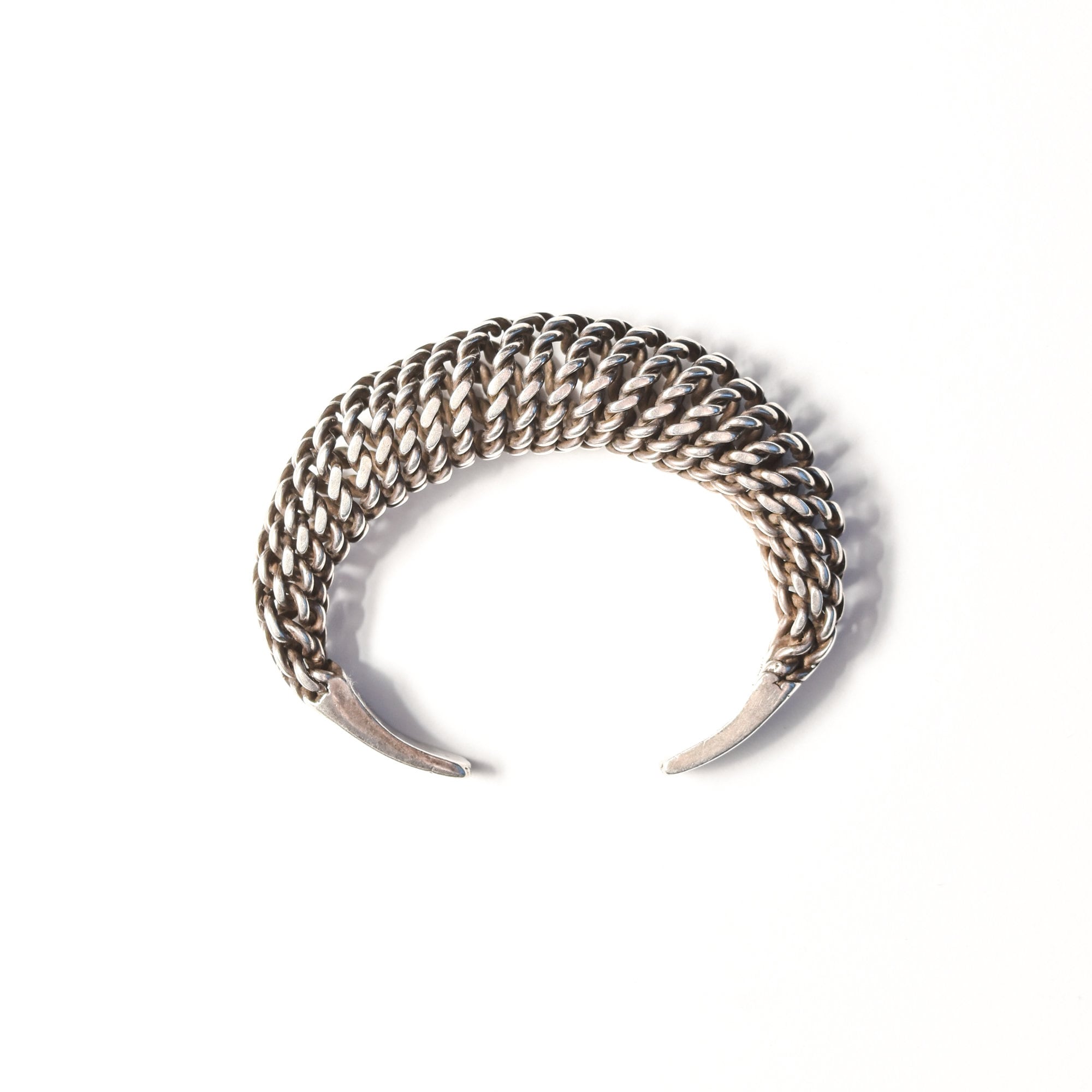 Modernist Sterling Silver Woven Cuff Bracelet, Flexible Puffed Chain Link Cuff, 5"