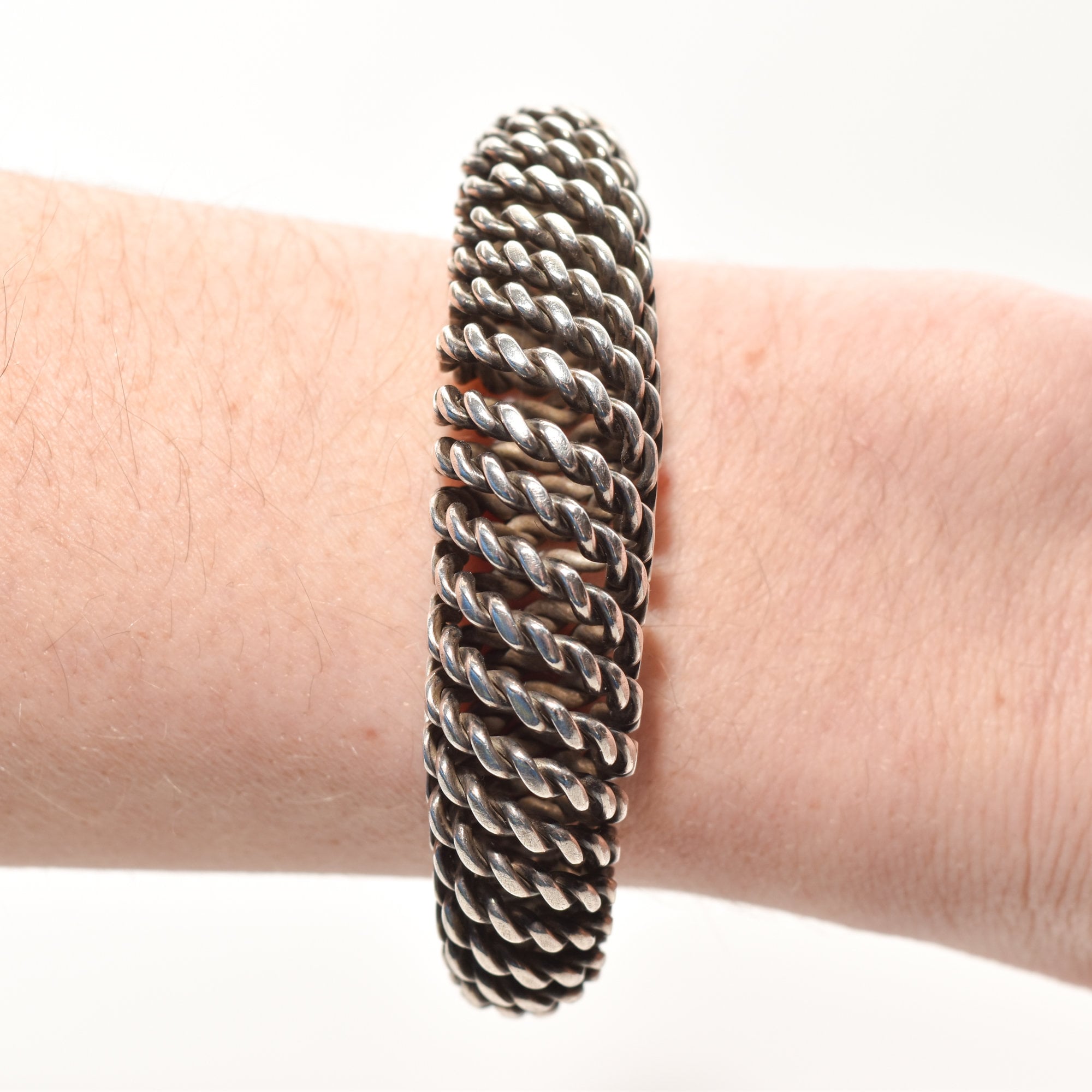 Modernist Sterling Silver Woven Cuff Bracelet, Flexible Puffed Chain Link Cuff, 5"