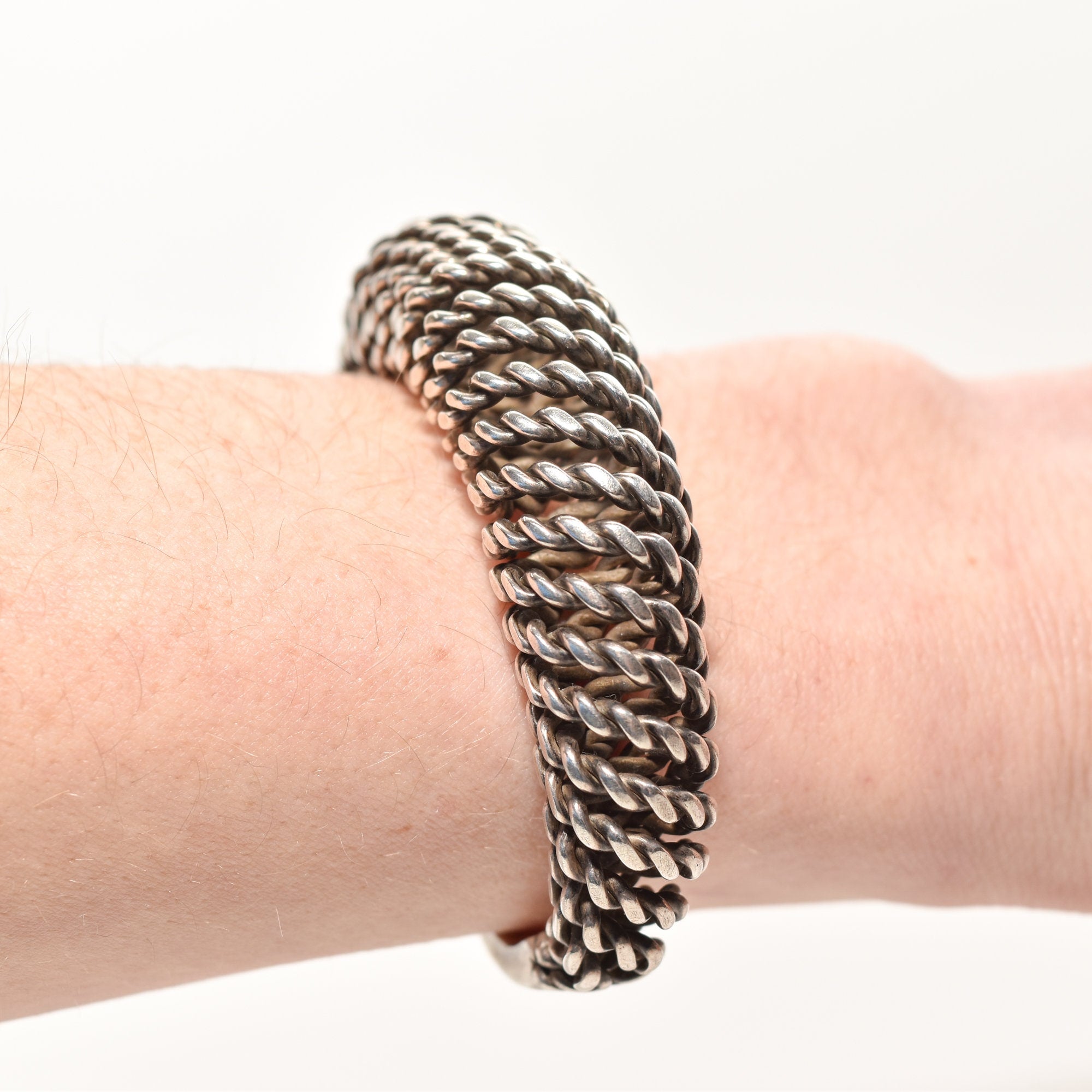 Modernist Sterling Silver Woven Cuff Bracelet, Flexible Puffed Chain Link Cuff, 5"