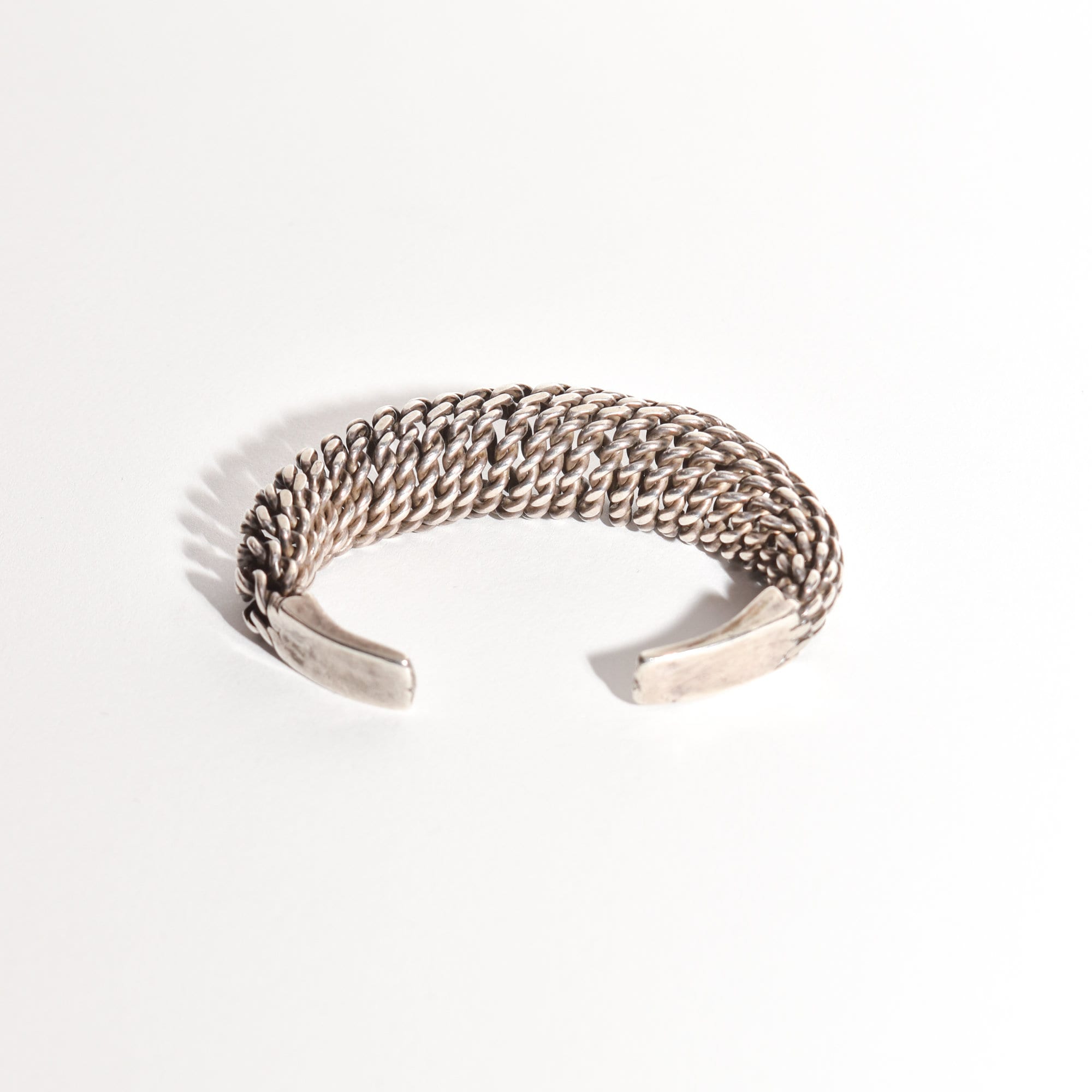 Modernist Sterling Silver Woven Cuff Bracelet, Flexible Puffed Chain Link Cuff, 5"