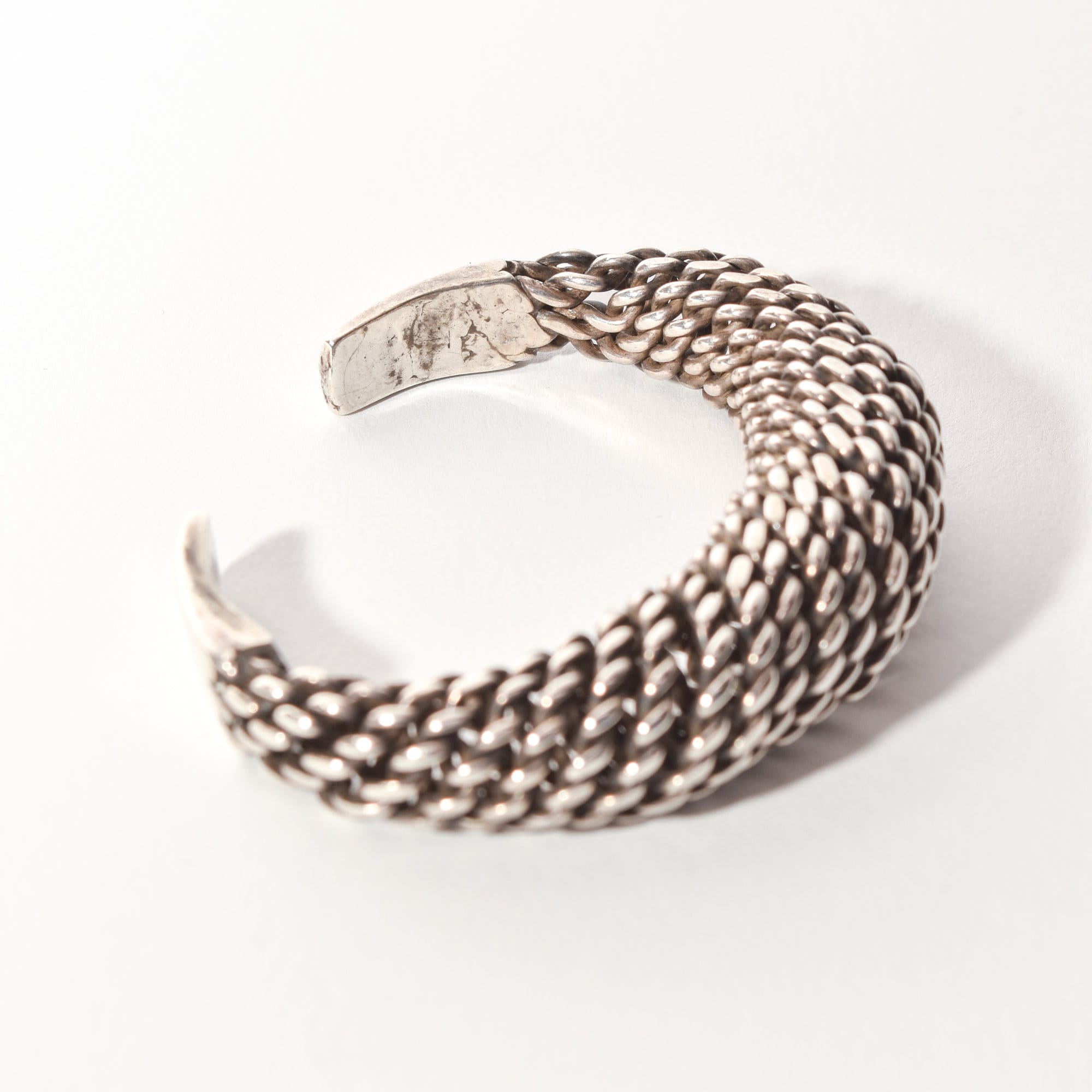 Modernist Sterling Silver Woven Cuff Bracelet, Flexible Puffed Chain Link Cuff, 5"